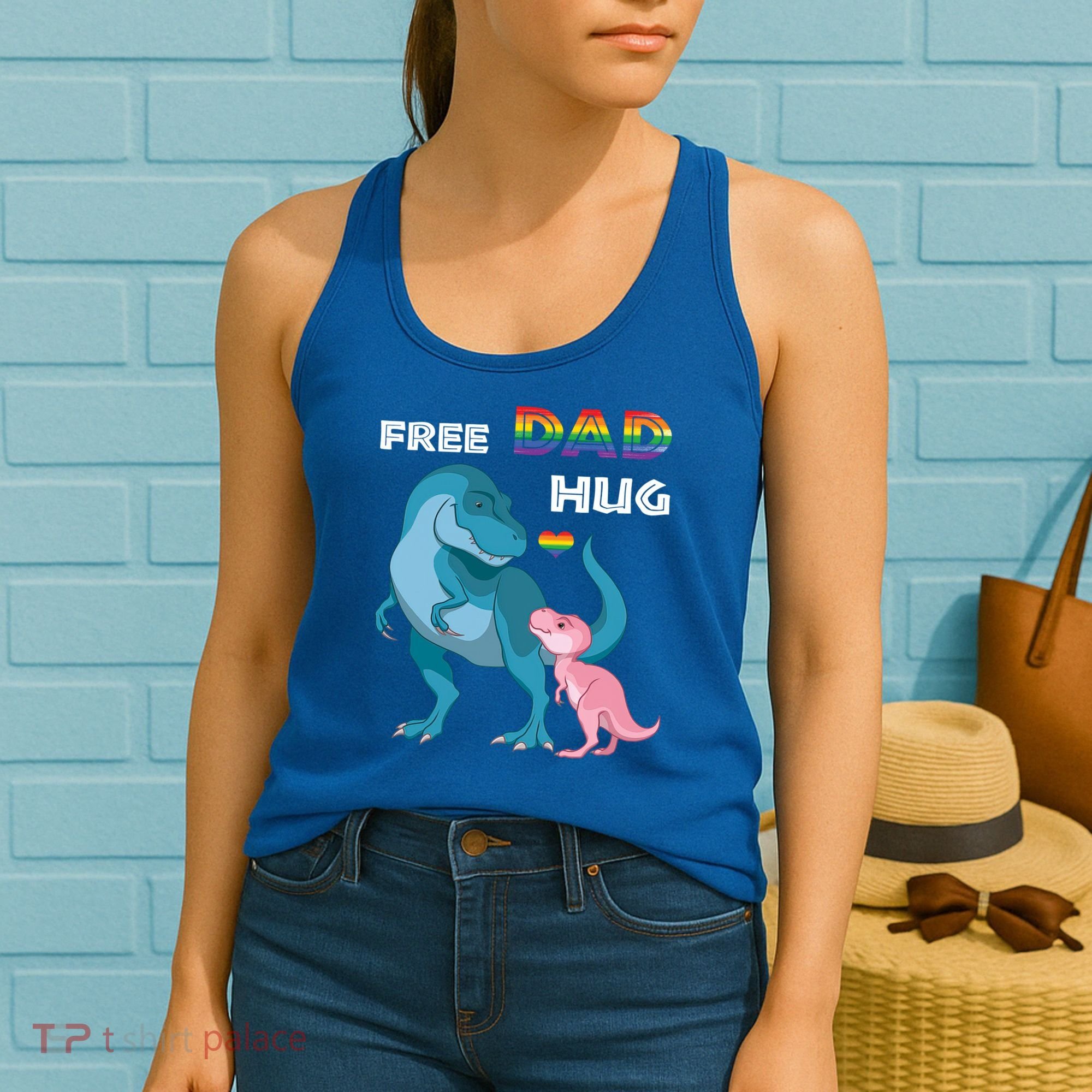 Free Dad Hugs Dinosaur Rainbow Lgbt Pride Month Fathers Day Gift Women's Tank Top