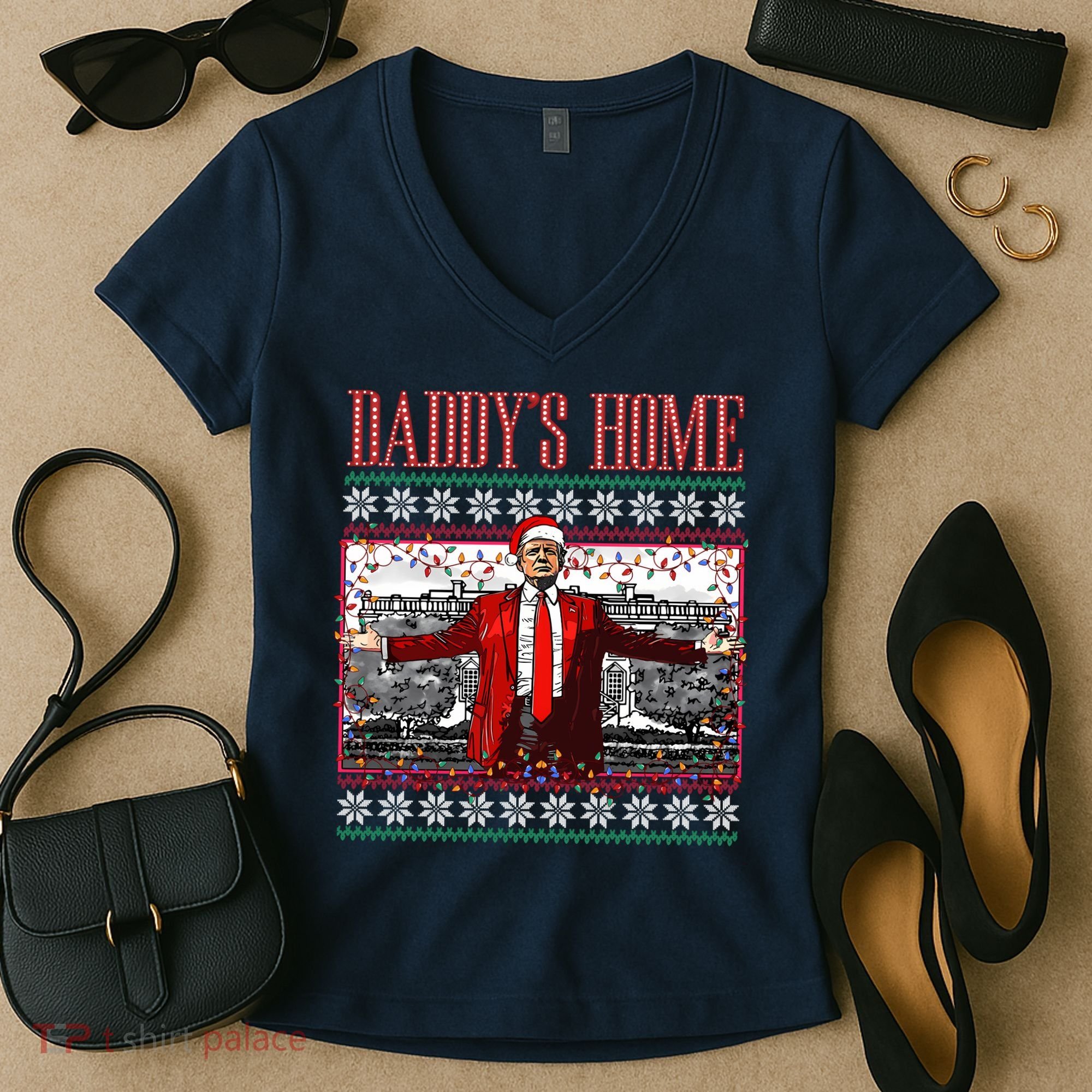 Funny DaddyS Home Trump Ugly Christmas Sweater Xmas Pajamas Sweatshirt Women's V-Neck T-Shirt