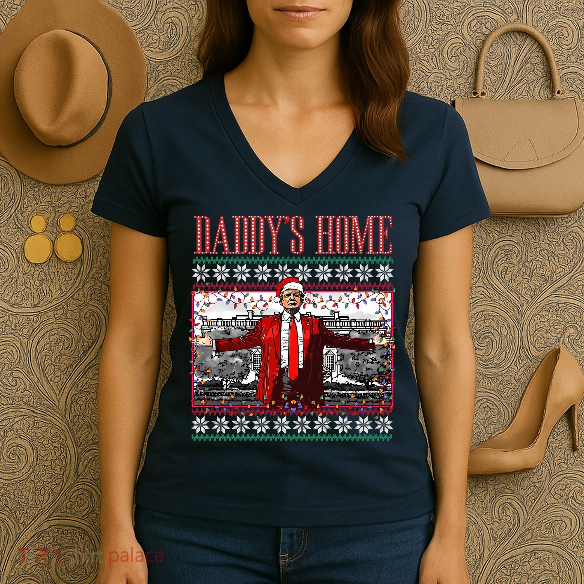 Funny DaddyS Home Trump Ugly Christmas Sweater Xmas Pajamas Sweatshirt Women's V-Neck T-Shirt