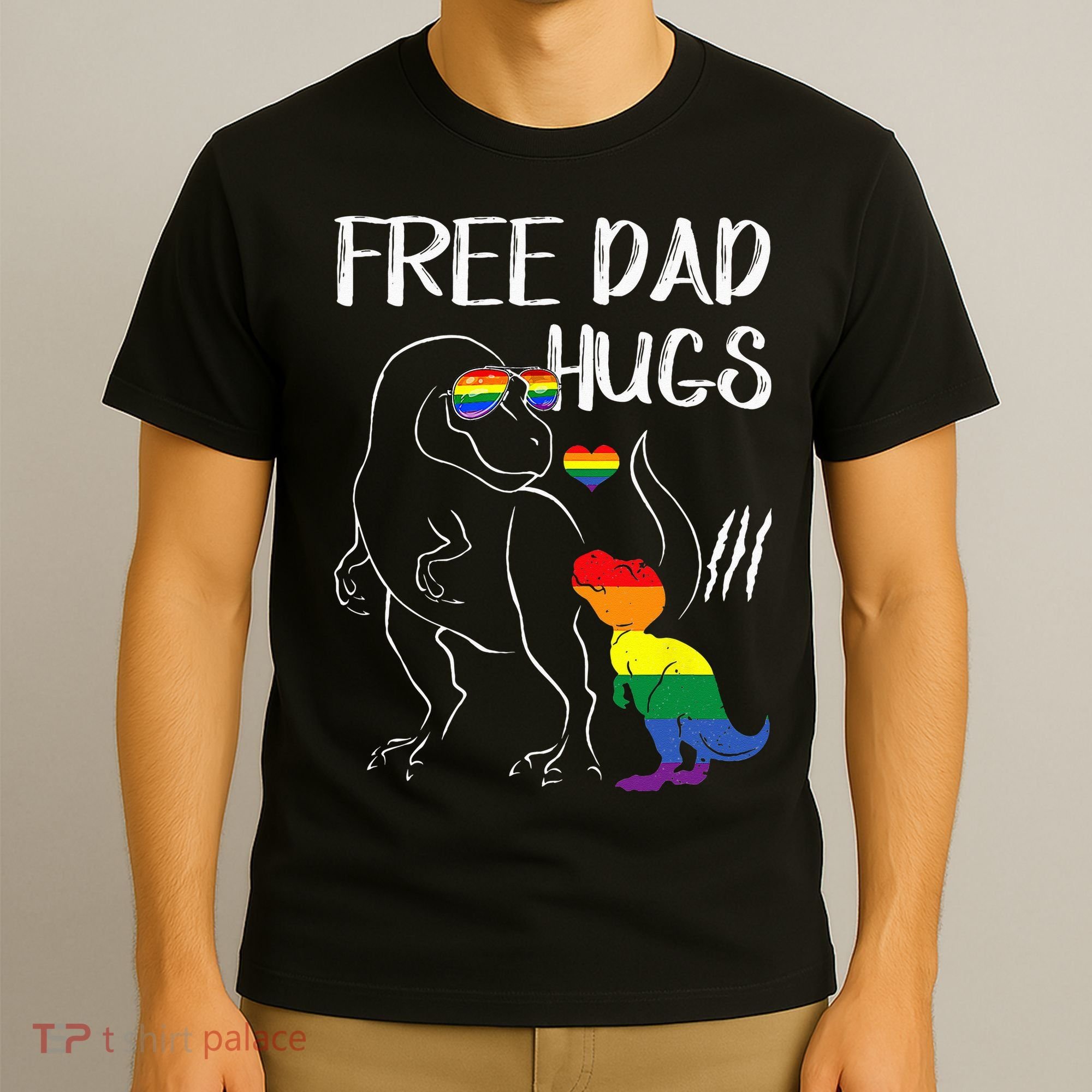 Free Dad Hugs LGBT Pride Dad Dinosaur Rex Proud Ally T-Shirt