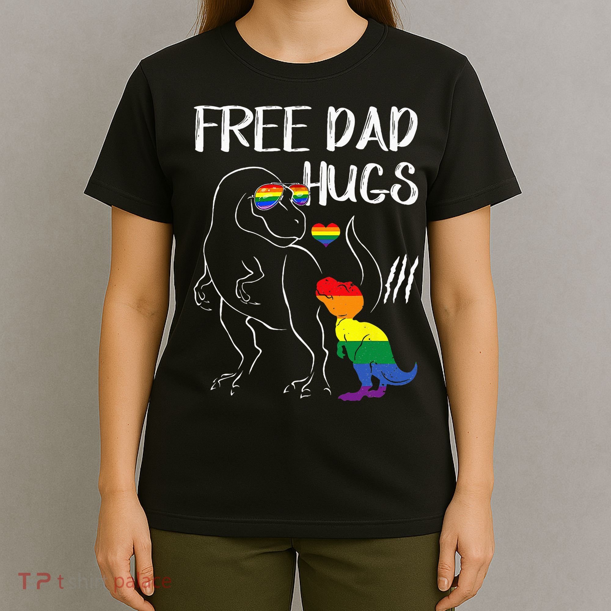 Free Dad Hugs LGBT Pride Dad Dinosaur Rex Proud Ally T-Shirt