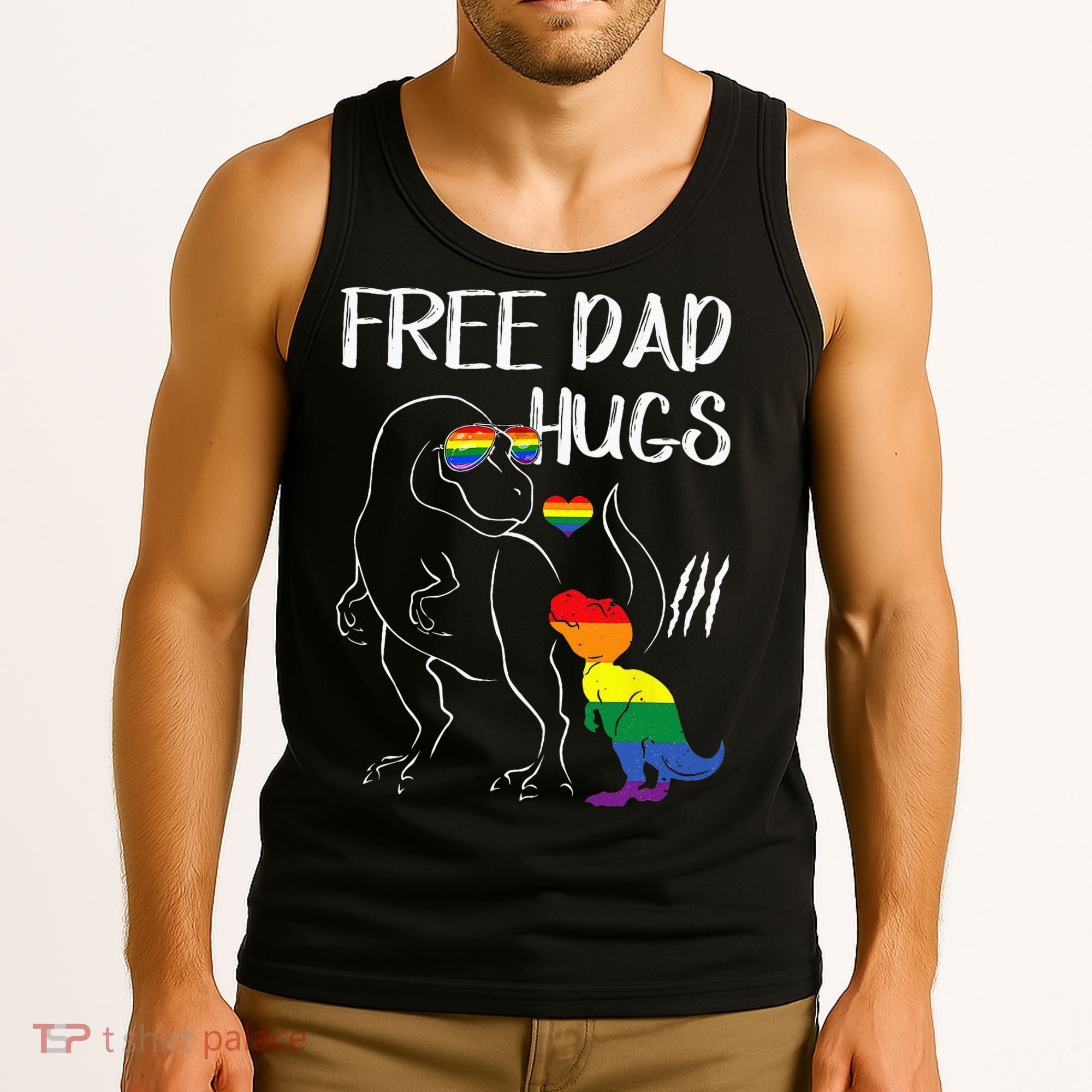 Free Dad Hugs LGBT Pride Dad Dinosaur Rex Proud Ally Tank Top