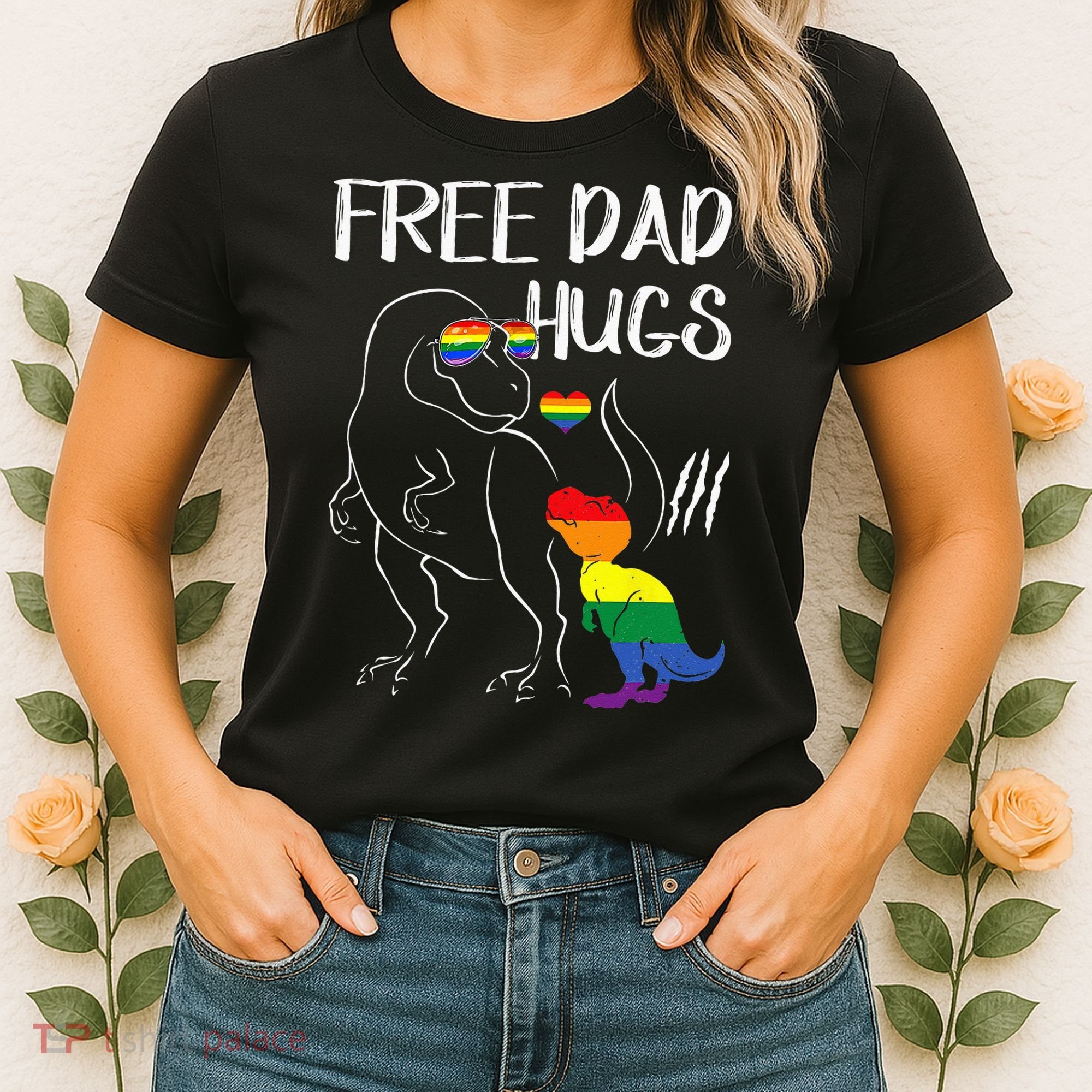 Free Dad Hugs LGBT Pride Dad Dinosaur Rex Proud Ally Women's T-Shirt