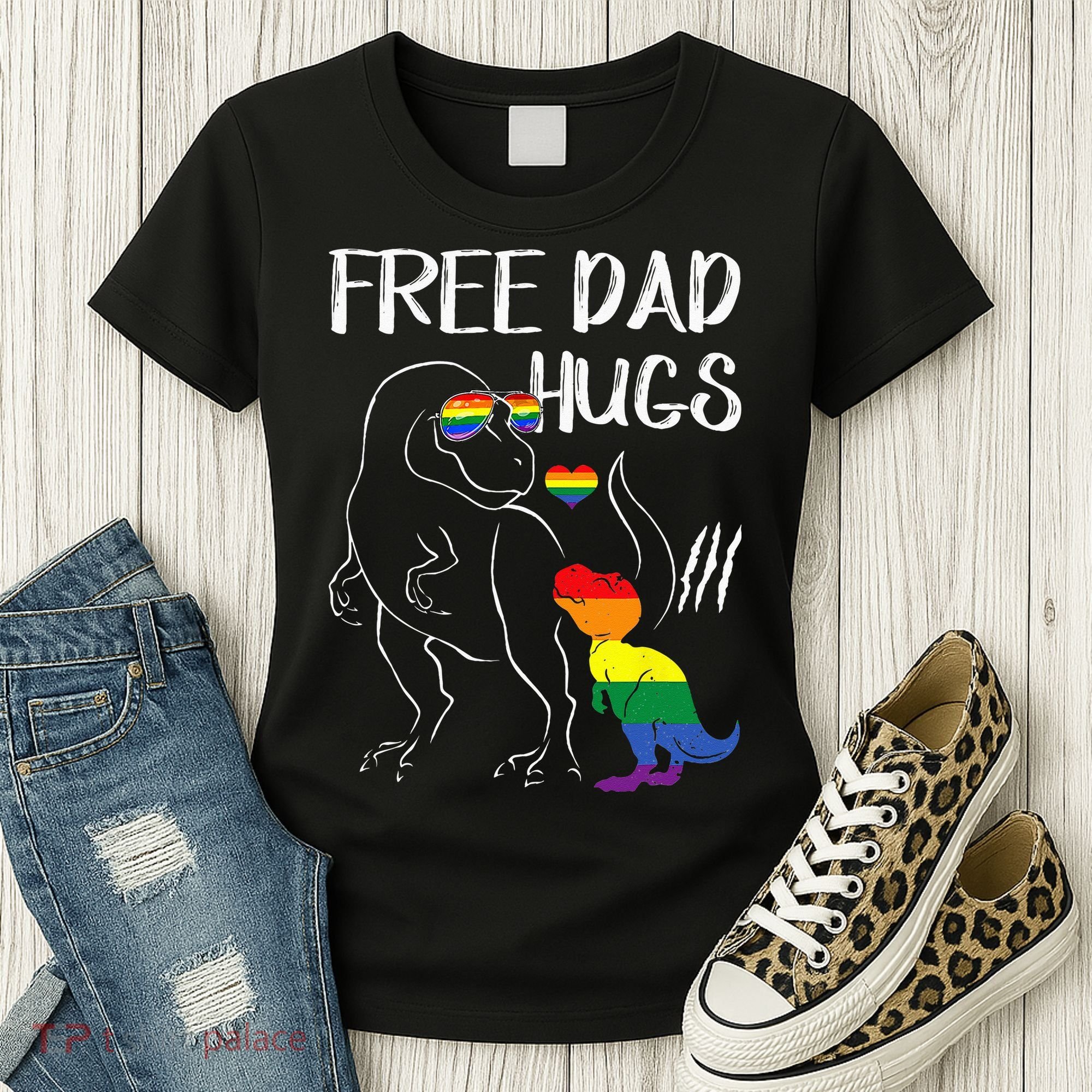 Free Dad Hugs LGBT Pride Dad Dinosaur Rex Proud Ally Women's T-Shirt