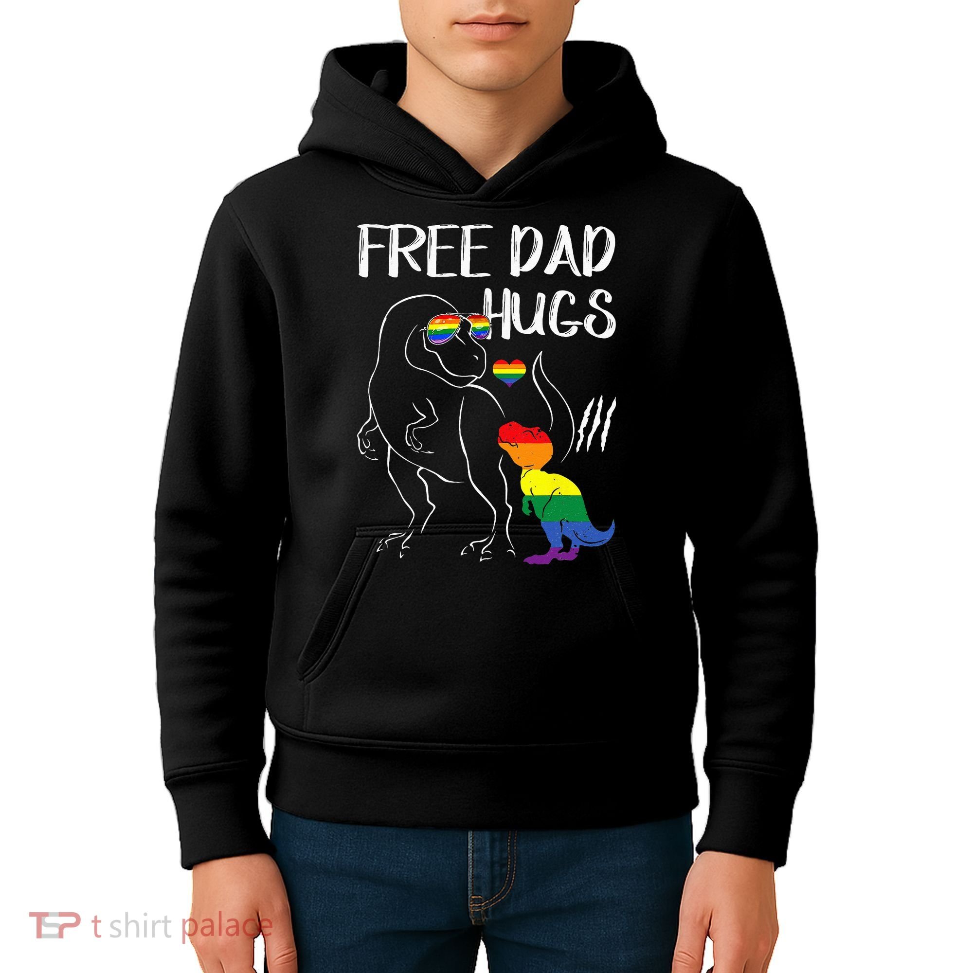 Free Dad Hugs LGBT Pride Dad Dinosaur Rex Proud Ally Kids Hoodie