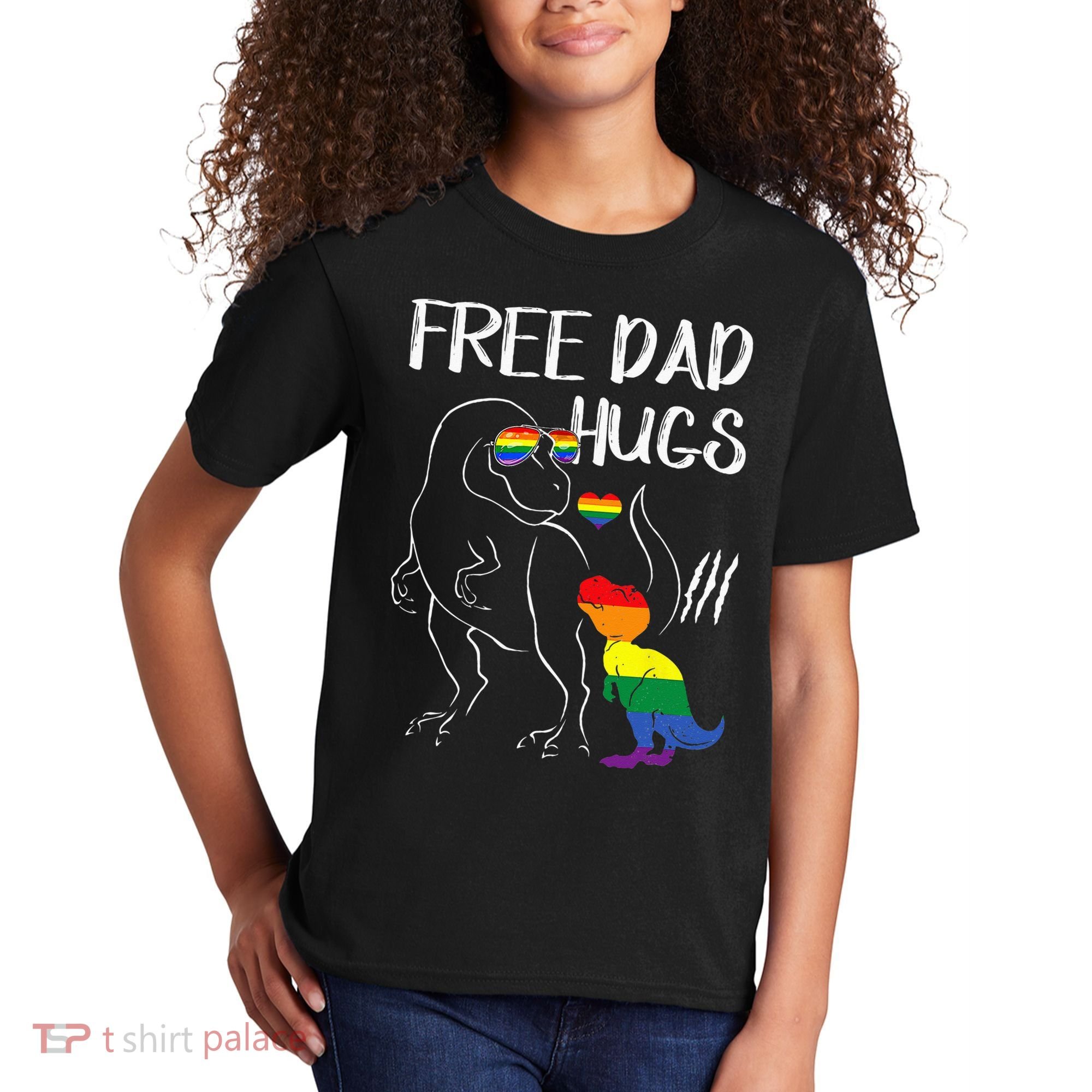 Free Dad Hugs LGBT Pride Dad Dinosaur Rex Proud Ally Kids T-Shirt