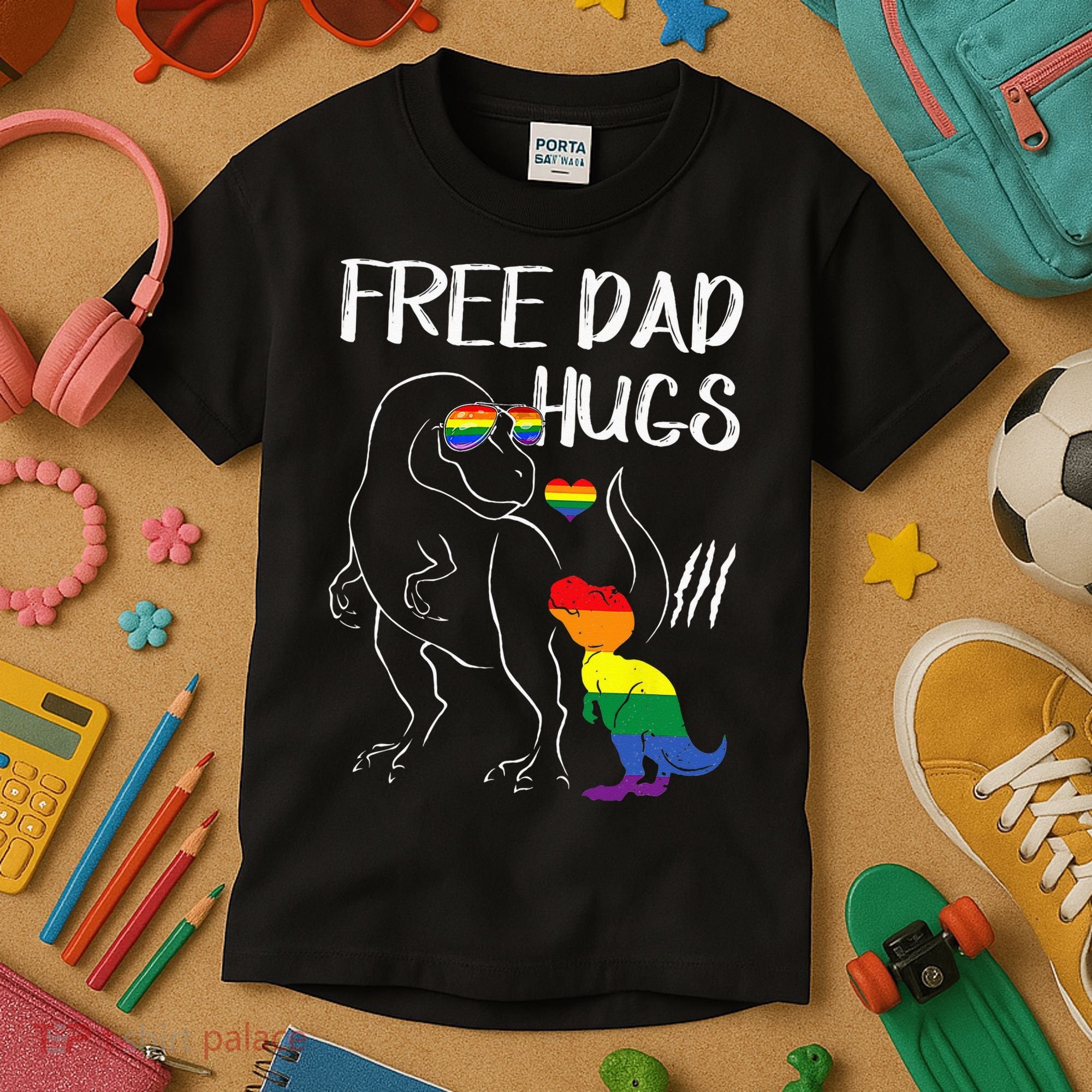 Free Dad Hugs LGBT Pride Dad Dinosaur Rex Proud Ally Kids T-Shirt