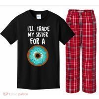 Funny Donut I'll Trade My Sister For A Donut Kids Plaid Pajama Set thumb 0