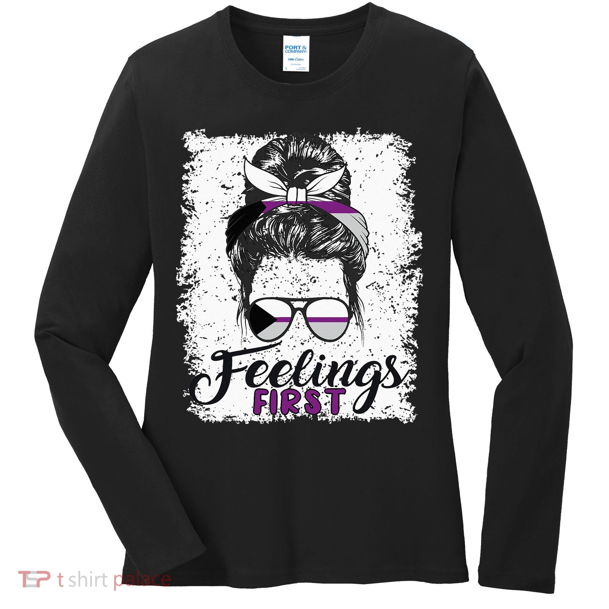 Funny Demisexual Joke Messy Bun Lady Demisexual Flag Women's Long Sleeve Shirt