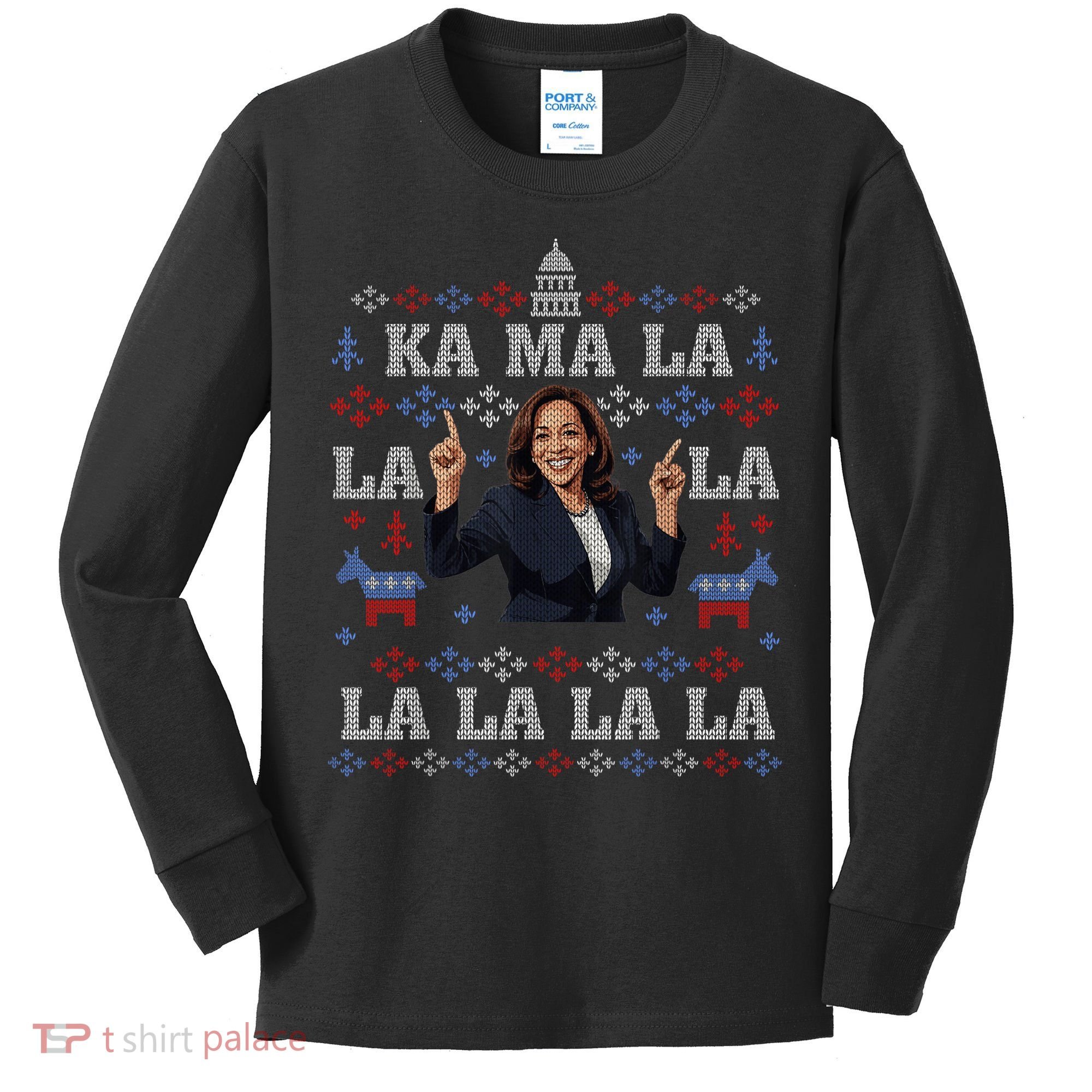 Funny Democrat Kamala Harris Ugly Christmas Sweater Party Kids Long Sleeve Shirt