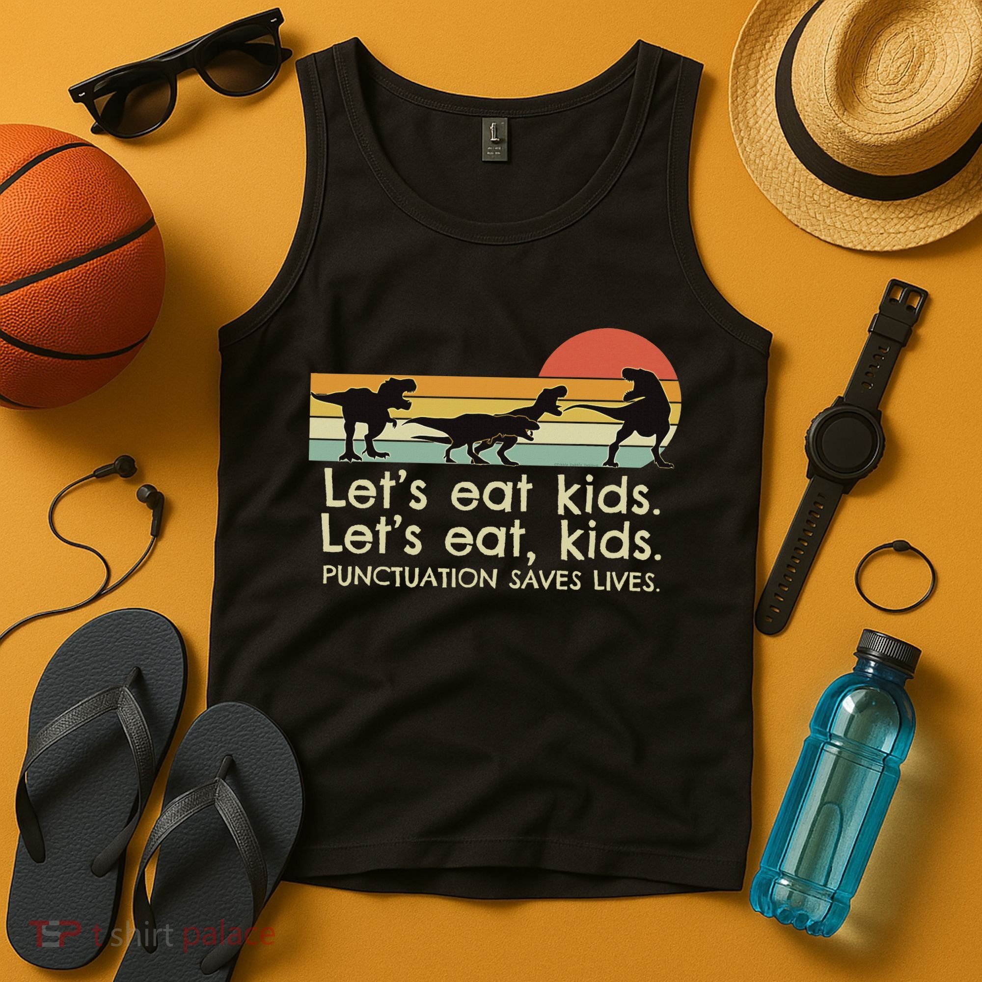 Funny Dinosaurs Let's Eat Punctuation Saves Lives Tank Top
