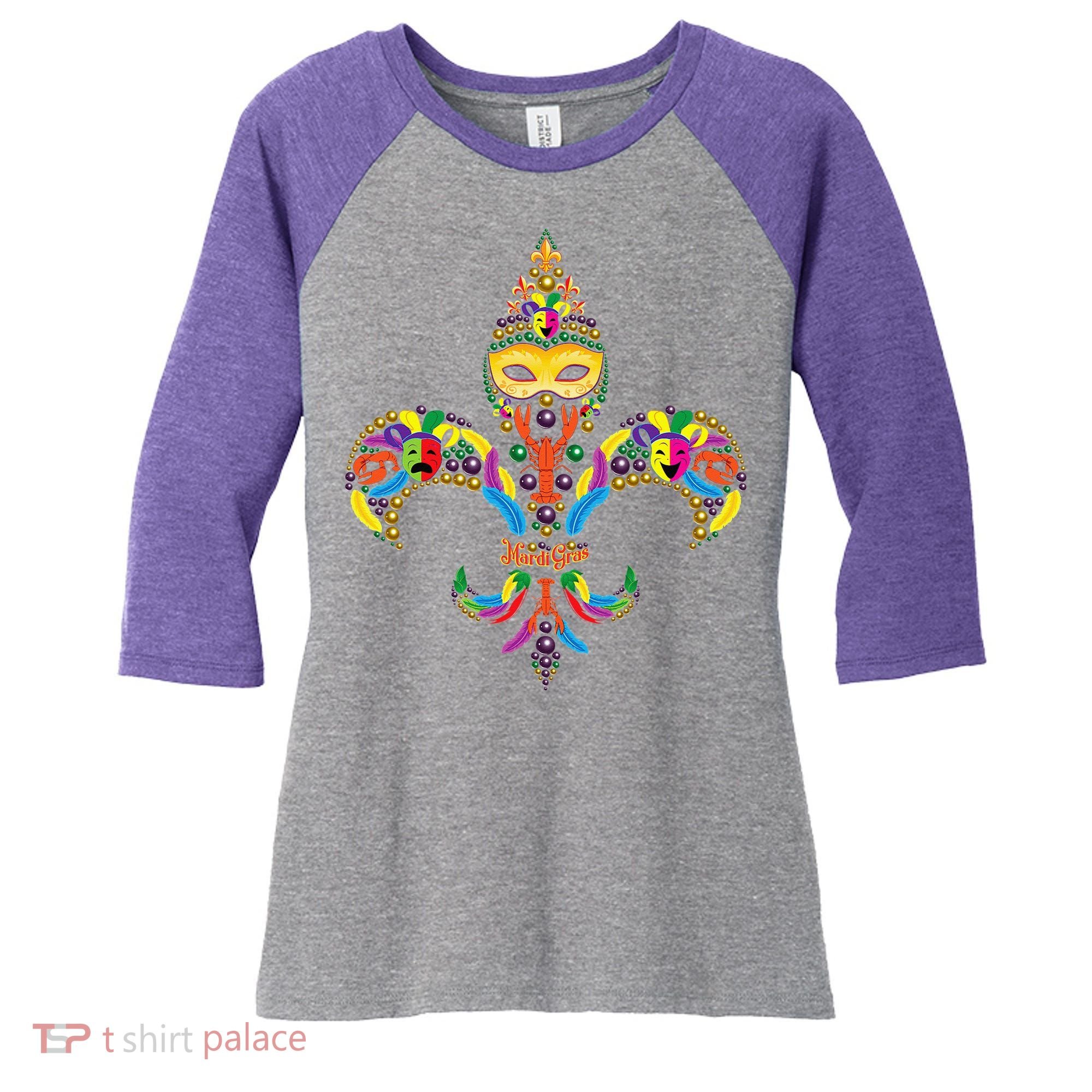 Fleur De Lis & Mardi Gras Mask New Orleans Souvenir Women's Tri-Blend 3/4-Sleeve Raglan Shirt