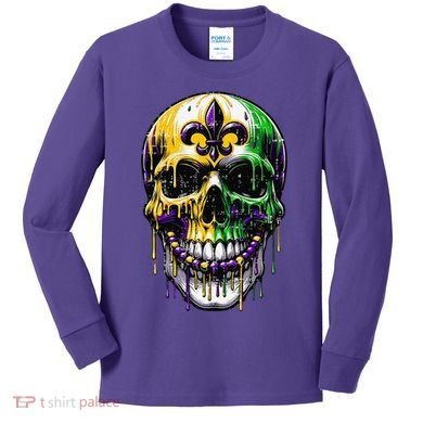 Fleur De Lis Mardi Gras Skull Kids Long Sleeve Shirt