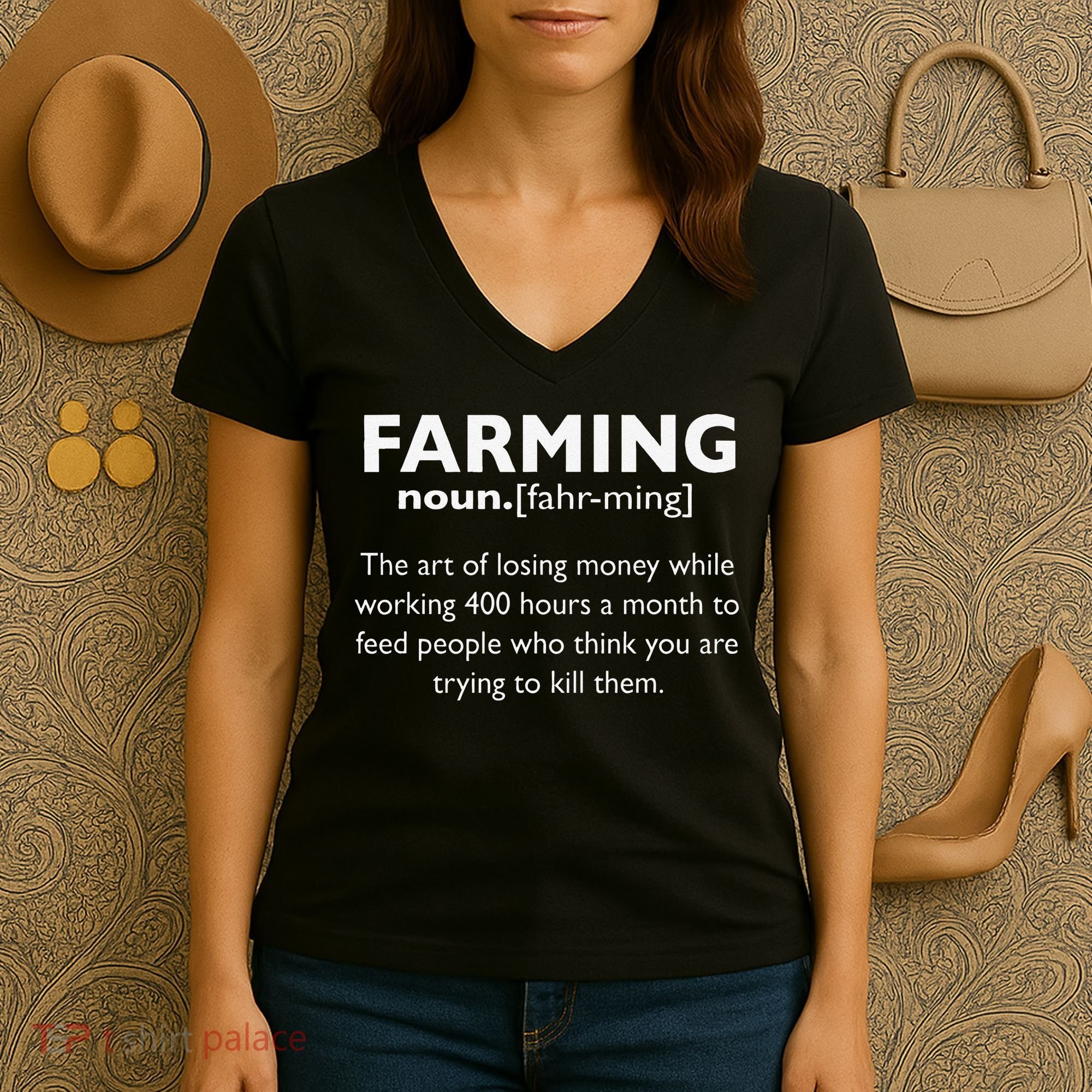 Farming Definition Noun Gift Funny Farmer Women's V-Neck T-Shirt