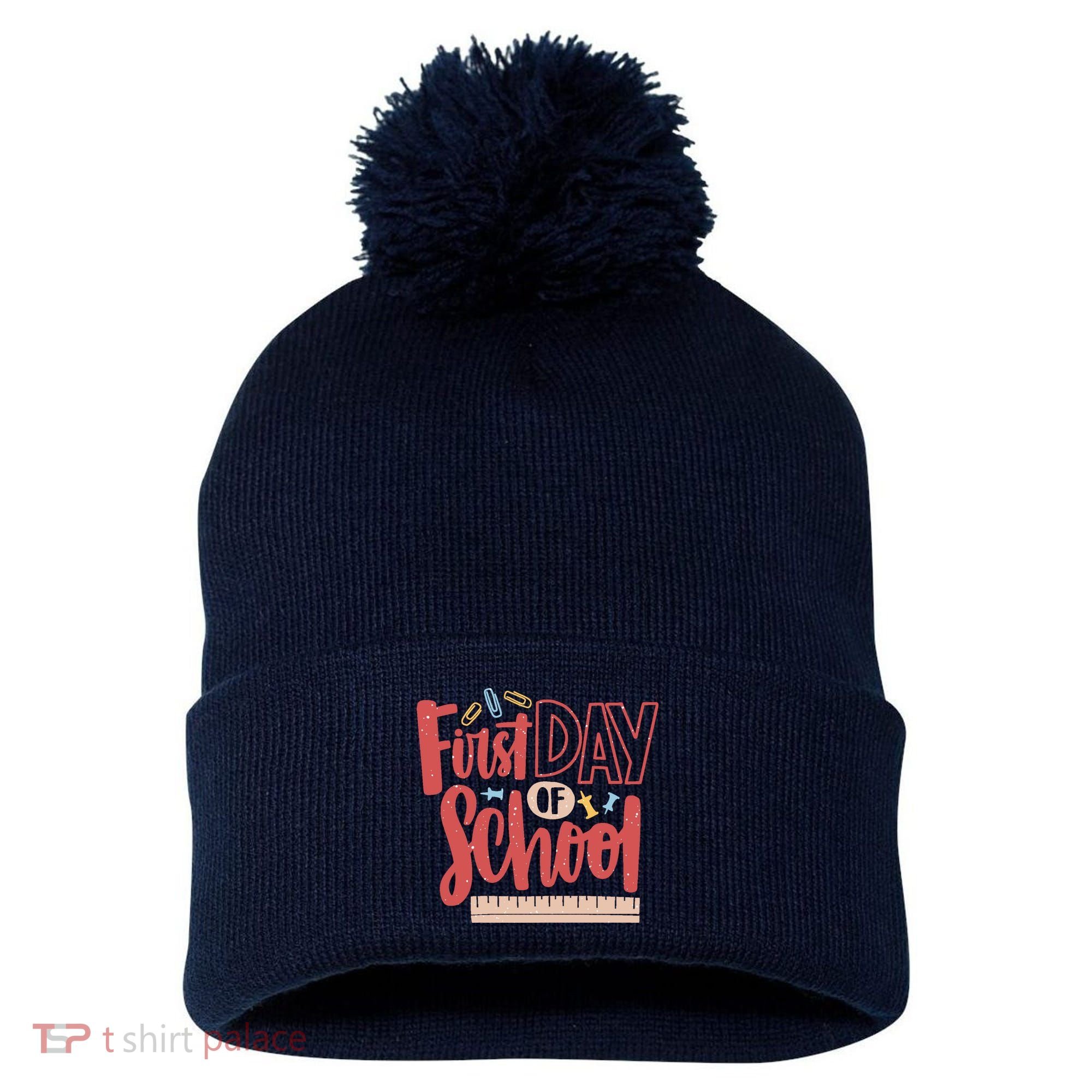 First Day Of School Cute Education Pom Pom 12in Knit Beanie