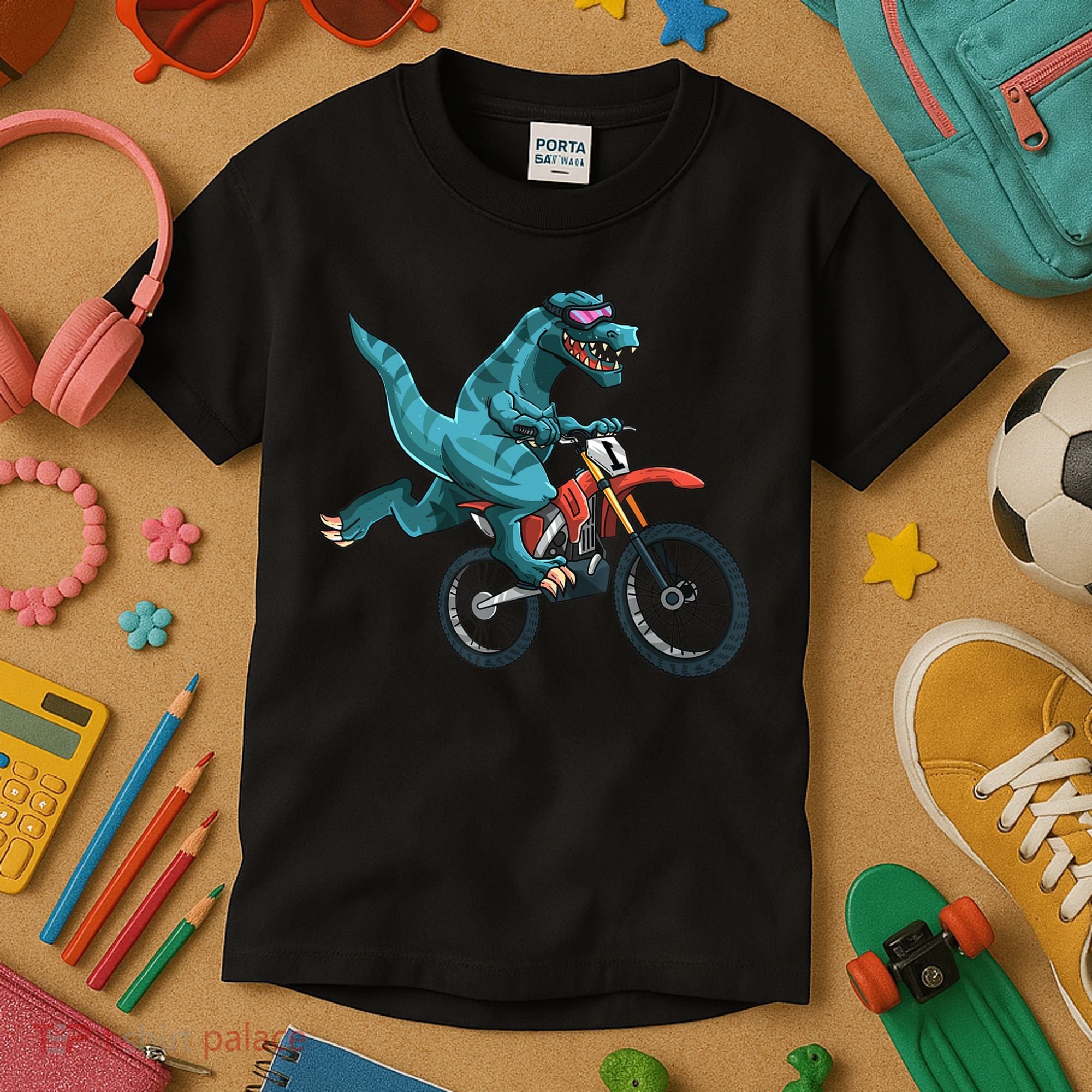Funny Dino On Dirt Bike TRex Lover Rider Motorcycle Riding Kids T-Shirt