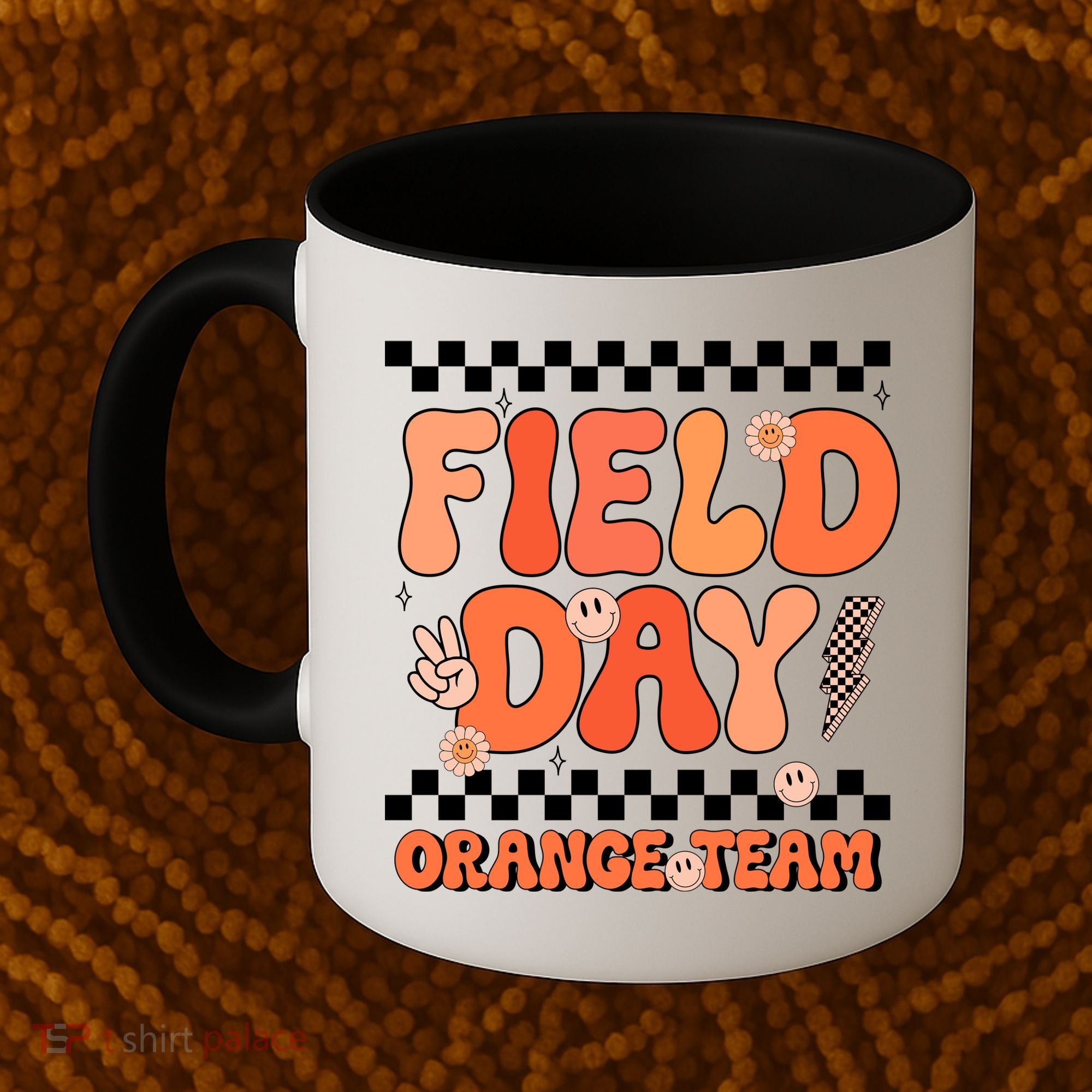 Field Day Orange Team Groovy Smile Face Checkered Students Coffee Mug