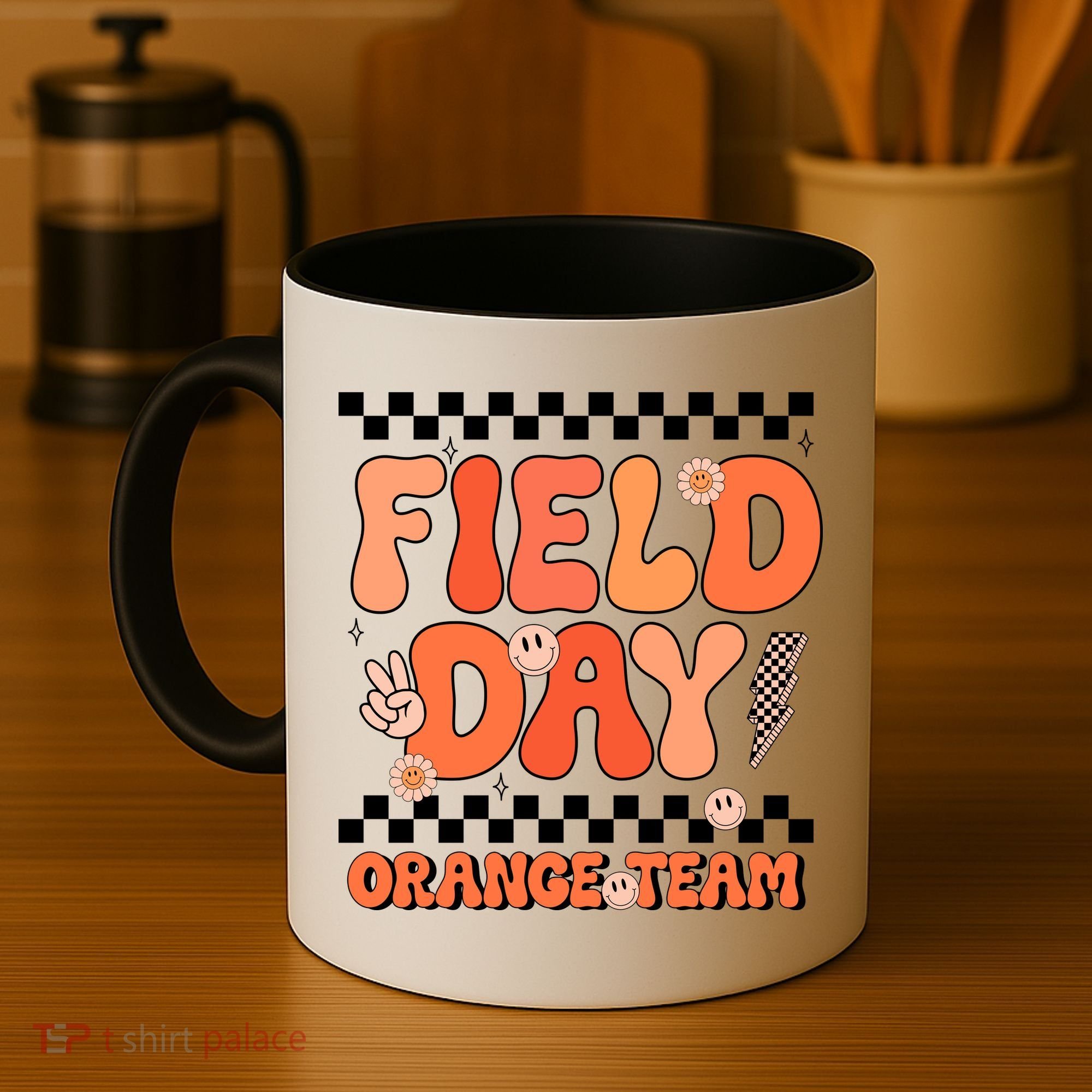 Field Day Orange Team Groovy Smile Face Checkered Students Coffee Mug