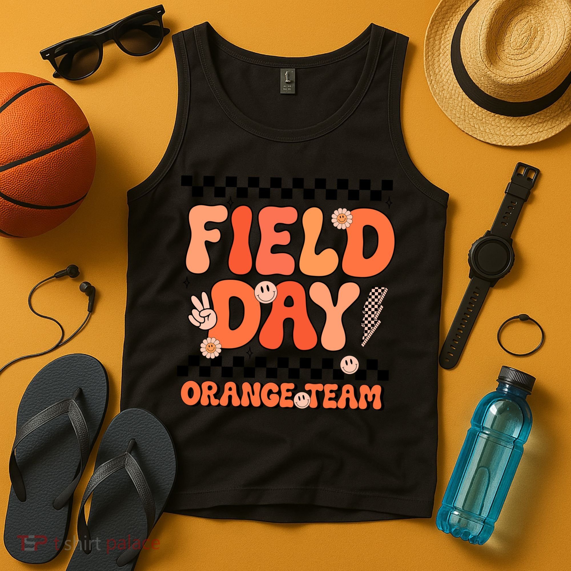 Field Day Orange Team Groovy Smile Face Checkered Students Tank Top