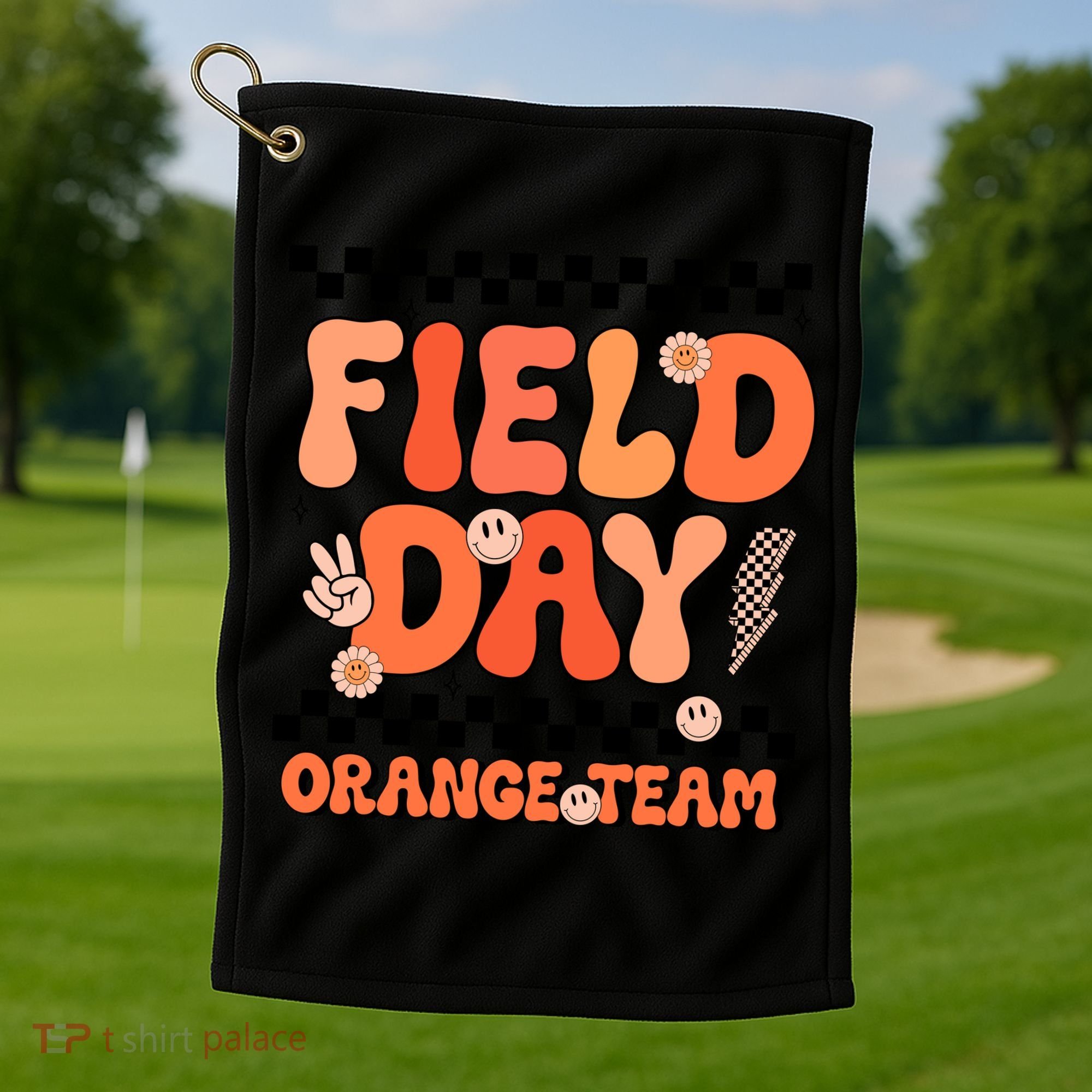 Field Day Orange Team Groovy Smile Face Checkered Students Golf Towel