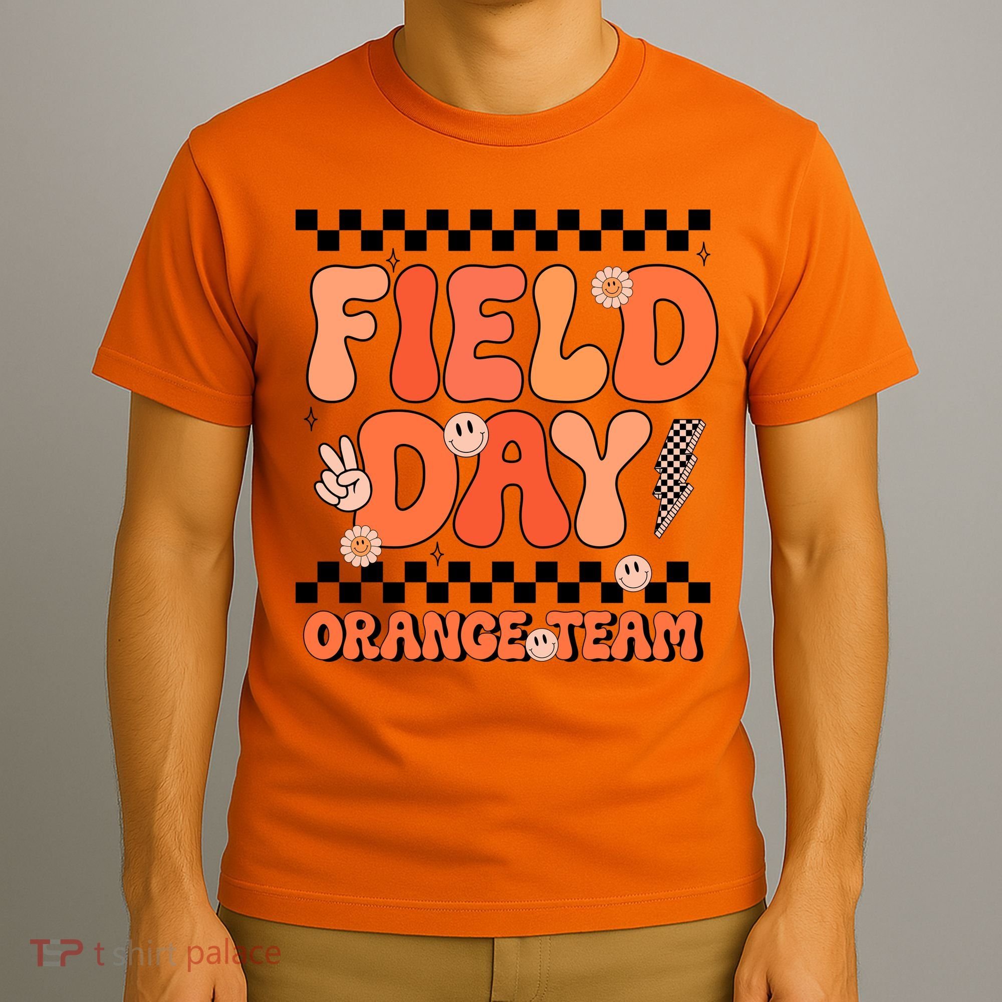 Field Day Orange Team Groovy Smile Face Checkered Students T-Shirt