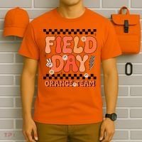 Field Day Orange Team Groovy Smile Face Checkered Students T-Shirt thumb 6