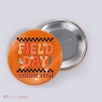 Field Day Orange Team Groovy Smile Face Checkered Students Button thumb 0