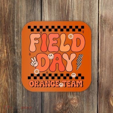 Field Day Orange Team Groovy Smile Face Checkered Students Coaster