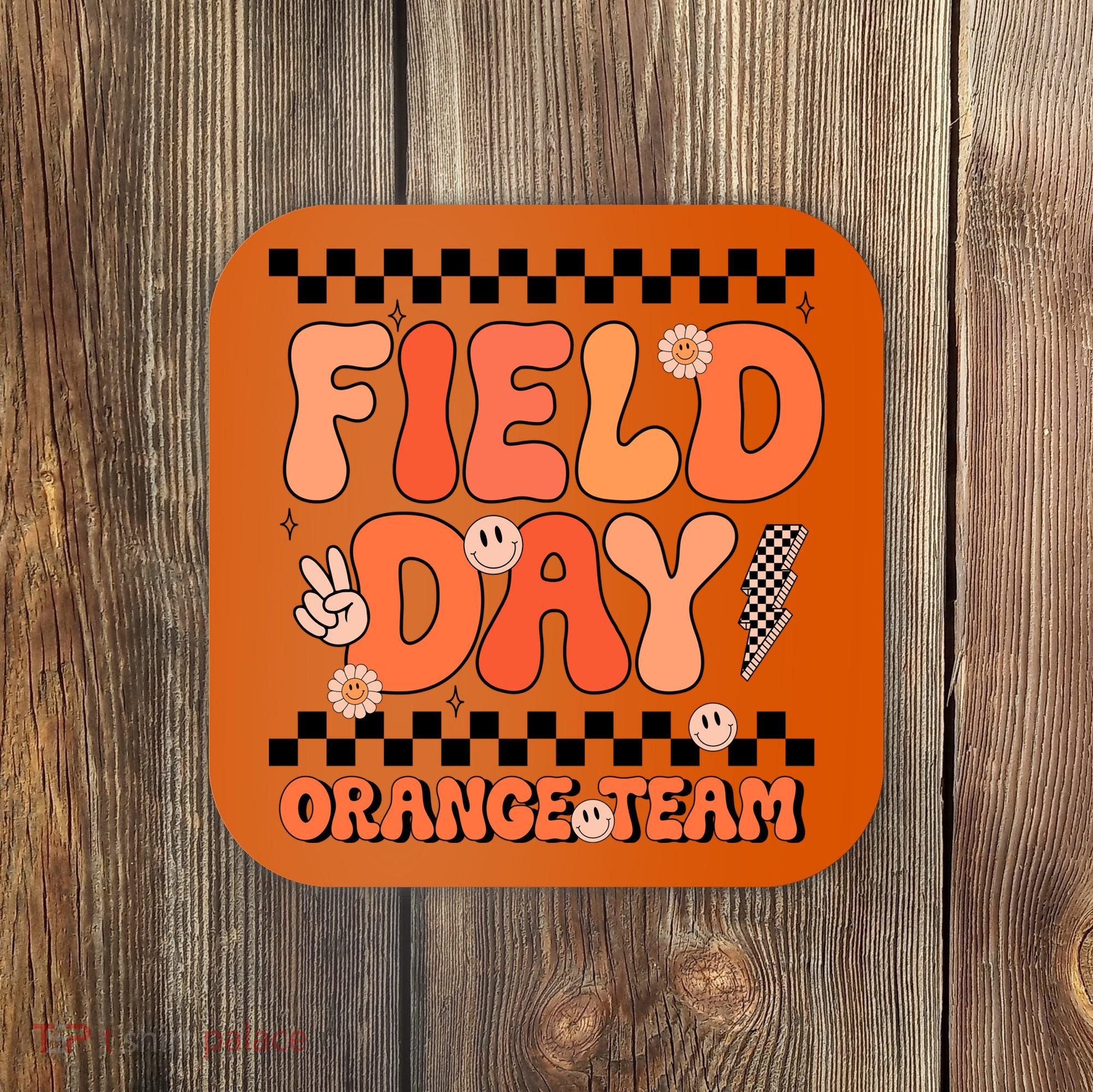 Field Day Orange Team Groovy Smile Face Checkered Students Coaster