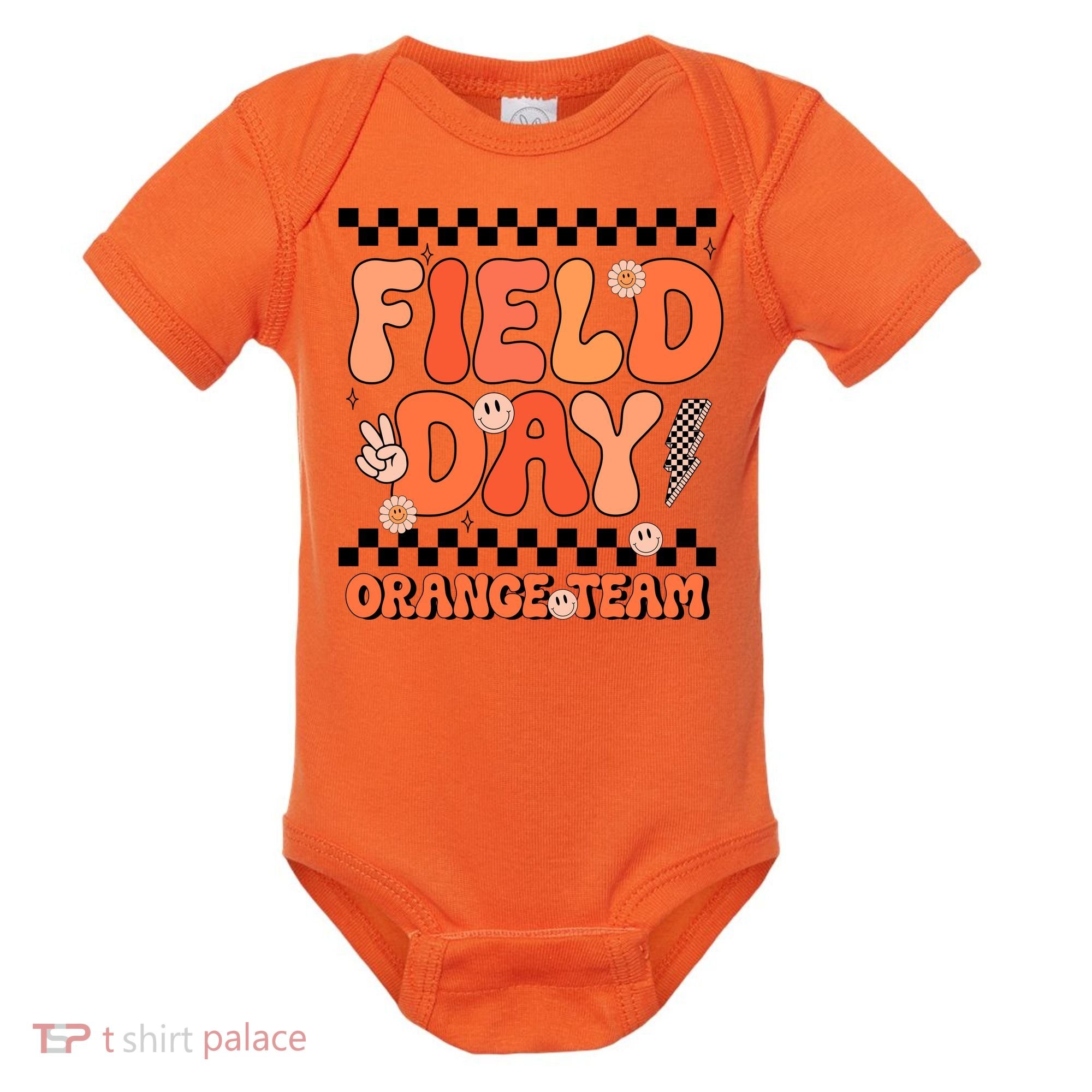 Field Day Orange Team Groovy Smile Face Checkered Students Baby Bodysuit