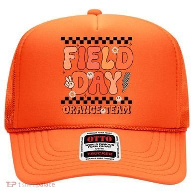 Field Day Orange Team Groovy Smile Face Checkered Students Hat