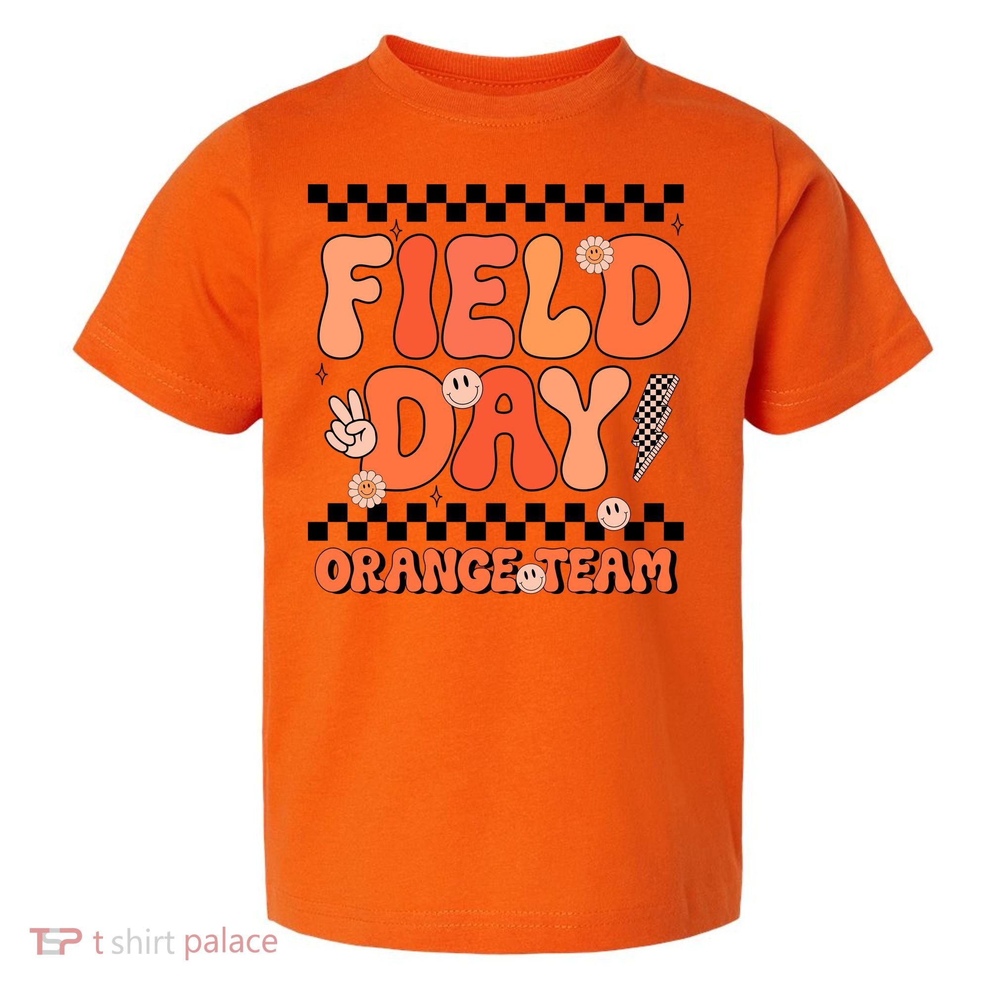 Field Day Orange Team Groovy Smile Face Checkered Students Toddler T-Shirt