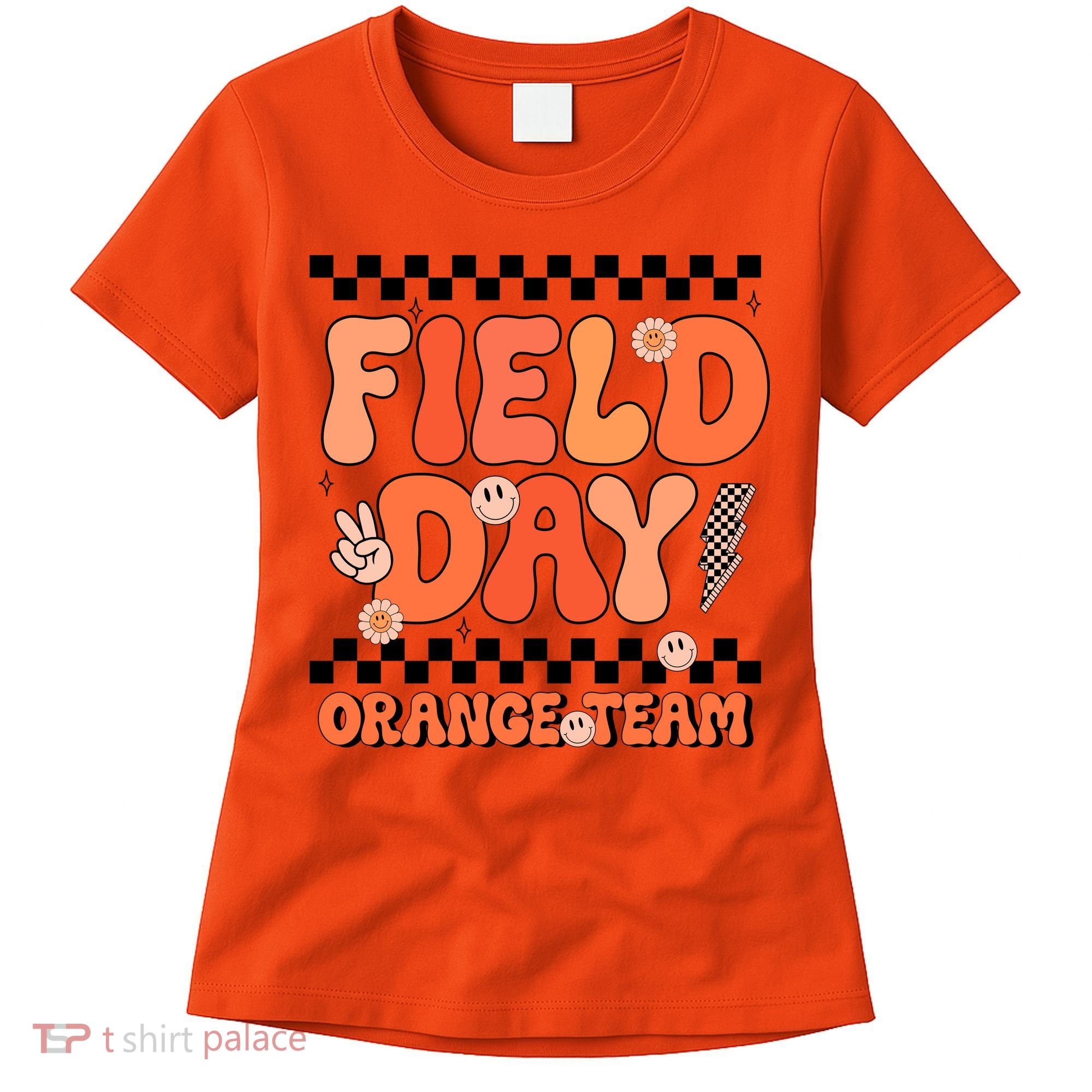 Field Day Orange Team Groovy Smile Face Checkered Students Women's T-Shirt