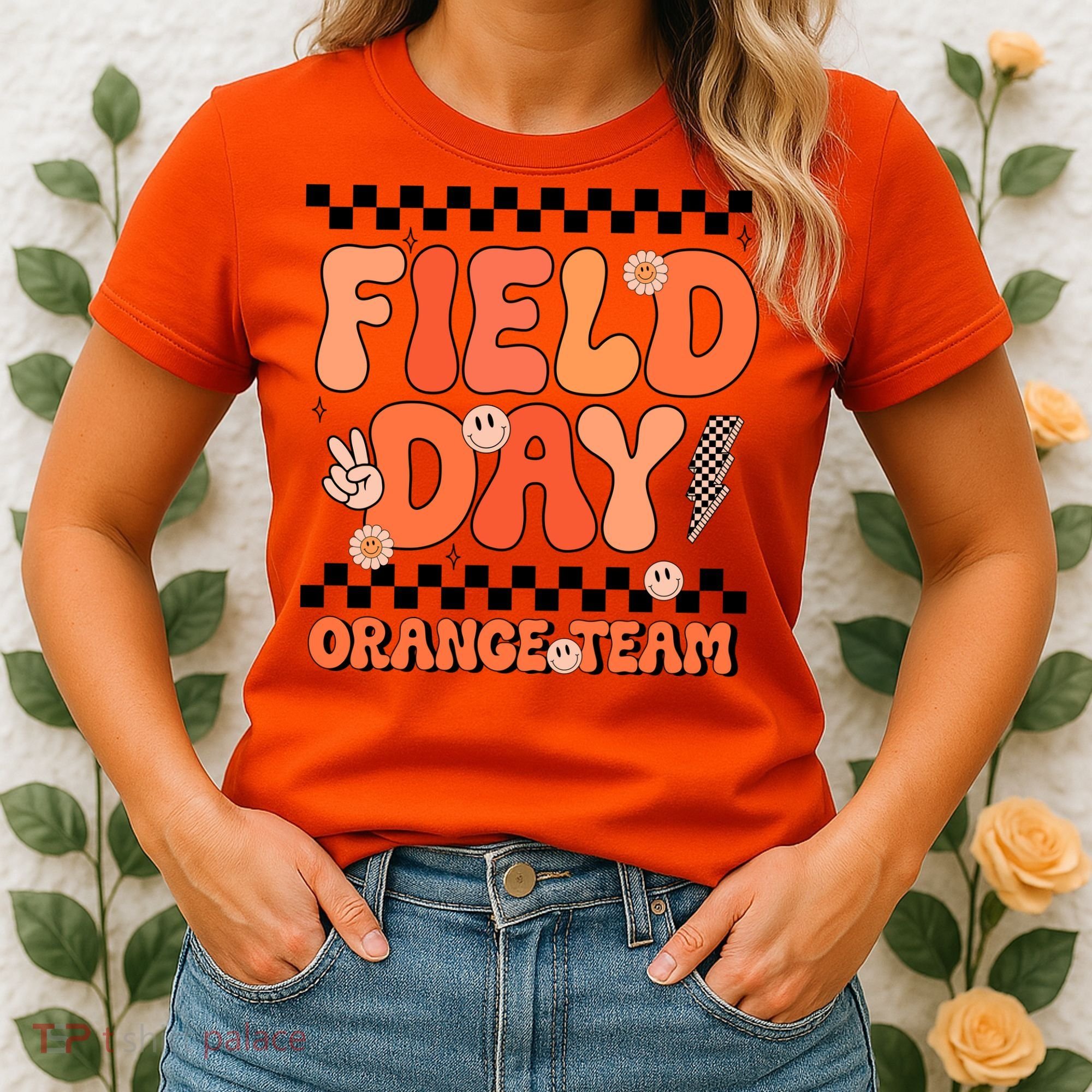 Field Day Orange Team Groovy Smile Face Checkered Students Women's T-Shirt