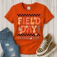 Field Day Orange Team Groovy Smile Face Checkered Students Women's T-Shirt thumb 3