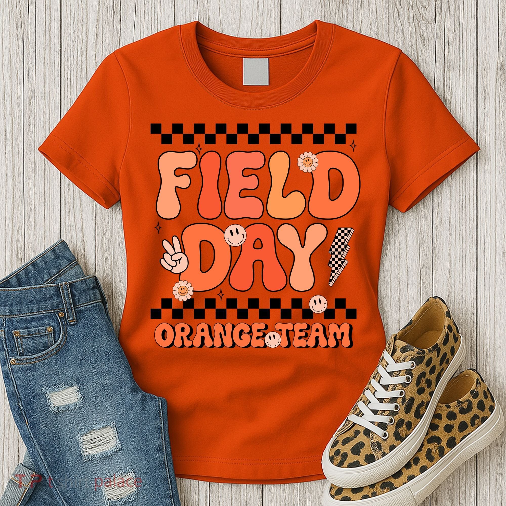 Field Day Orange Team Groovy Smile Face Checkered Students Women's T-Shirt