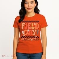 Field Day Orange Team Groovy Smile Face Checkered Students Women's T-Shirt thumb 4