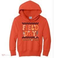 Field Day Orange Team Groovy Smile Face Checkered Students Kids Hoodie thumb 0
