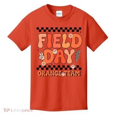 Field Day Orange Team Groovy Smile Face Checkered Students Kids T-Shirt