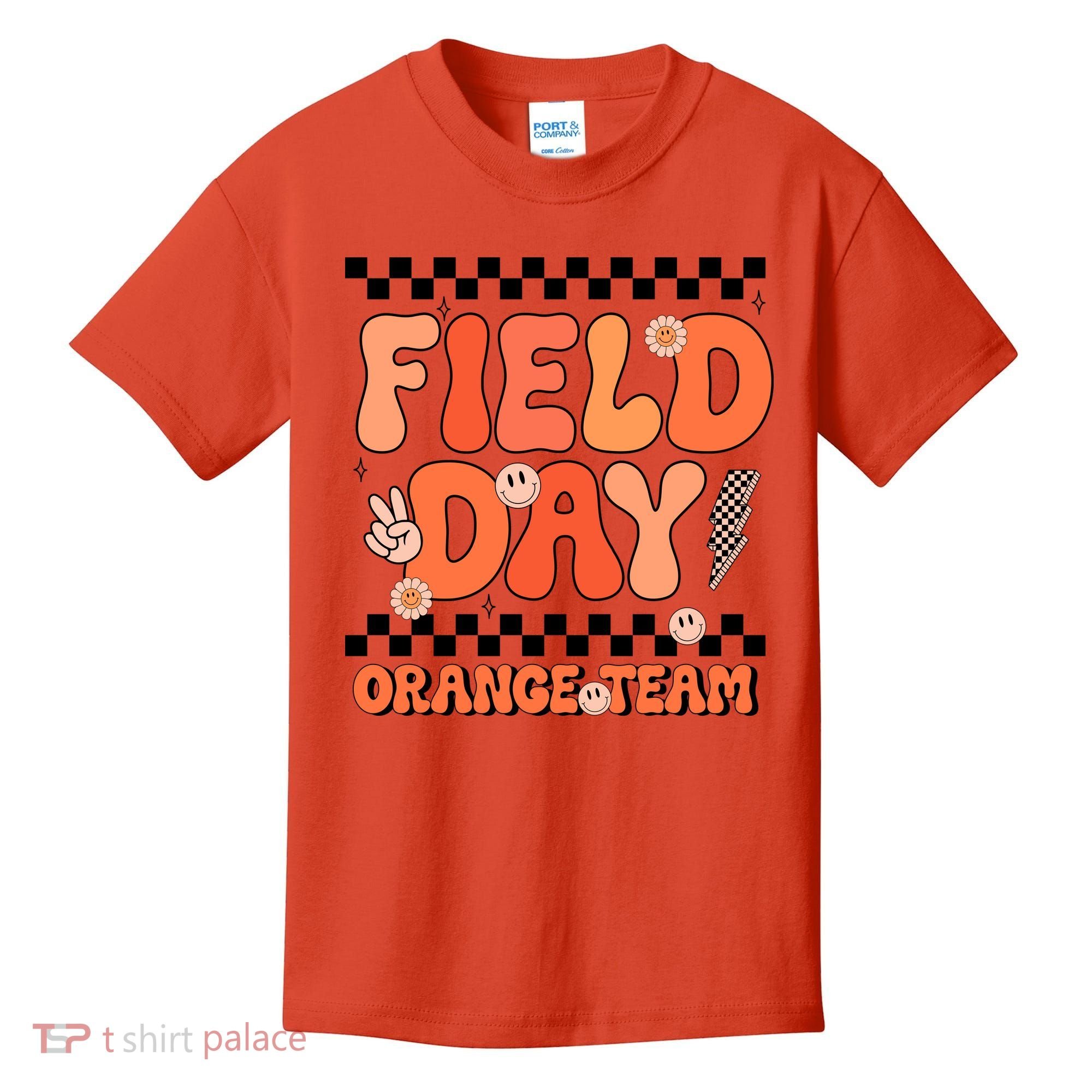 Field Day Orange Team Groovy Smile Face Checkered Students Kids T-Shirt