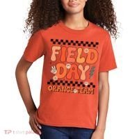 Field Day Orange Team Groovy Smile Face Checkered Students Kids T-Shirt thumb 2