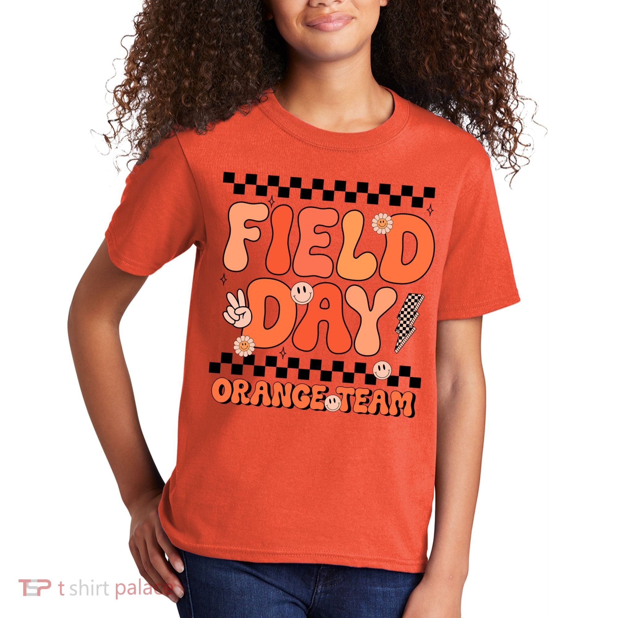 Field Day Orange Team Groovy Smile Face Checkered Students Kids T-Shirt