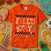 Field Day Orange Team Groovy Smile Face Checkered Students Kids T-Shirt thumb 3