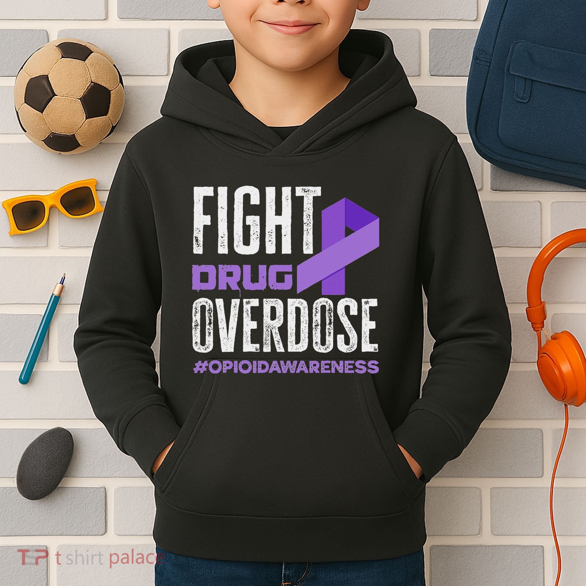 Fight Drug Overdose Pruple Ribbon Opioid Overdose Awareness Kids Hoodie