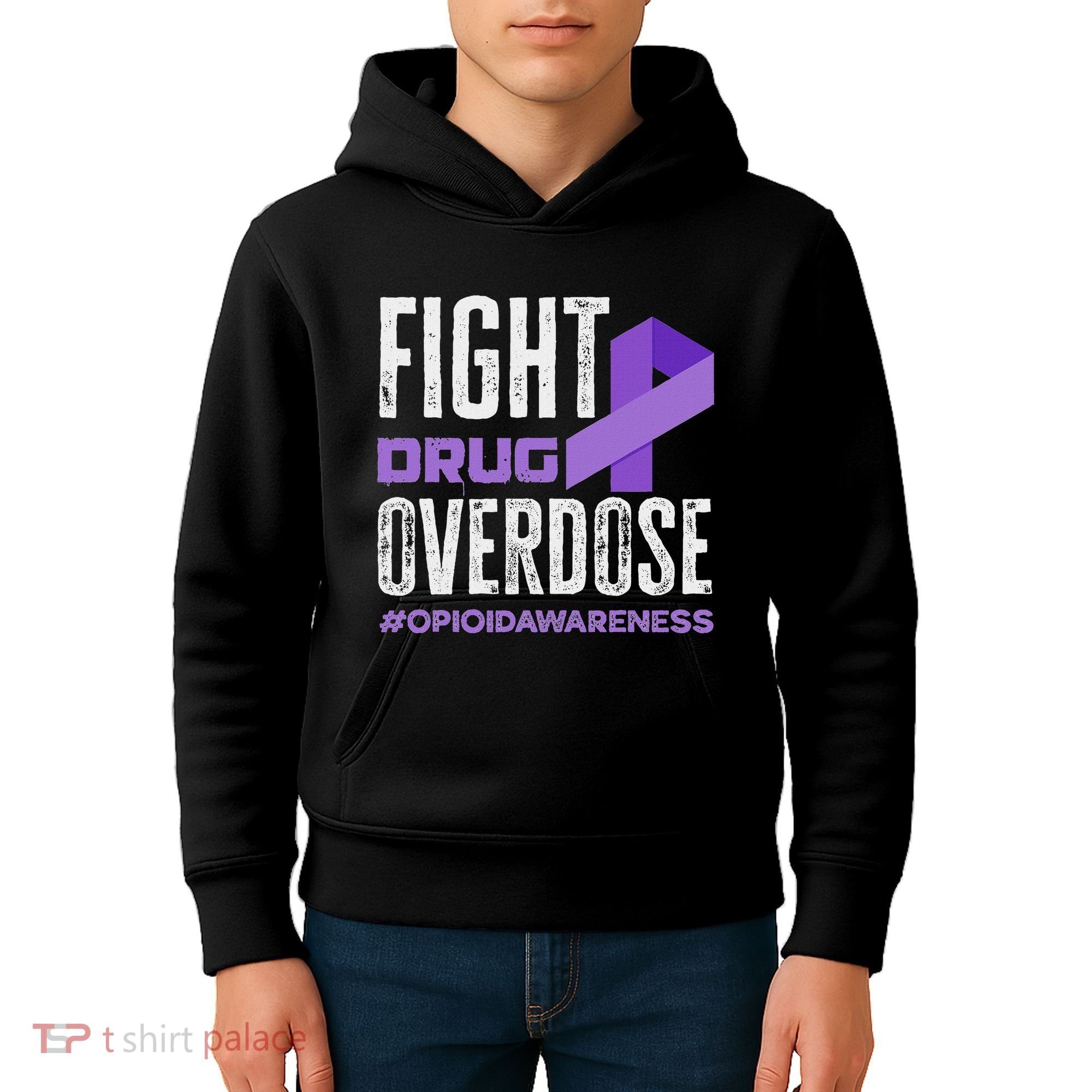 Fight Drug Overdose Pruple Ribbon Opioid Overdose Awareness Kids Hoodie