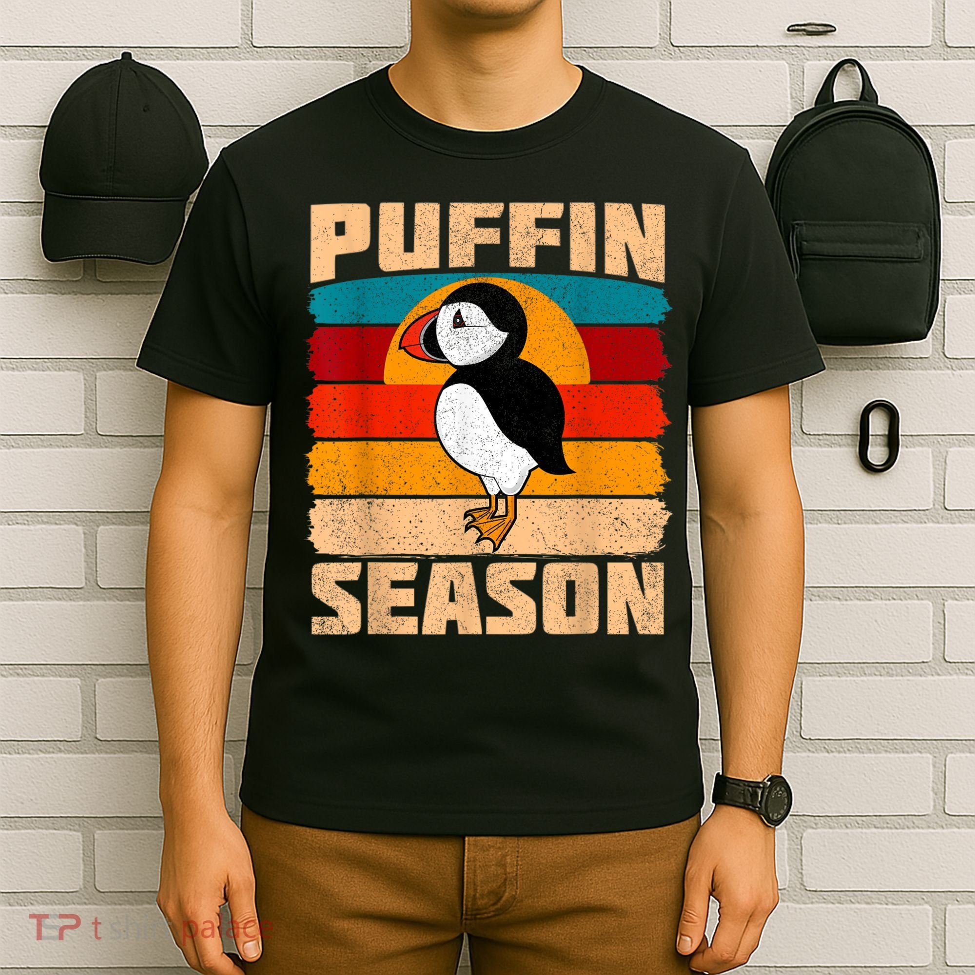 Funny Distressed Puffin Season Retro Vintage Sunset T-Shirt