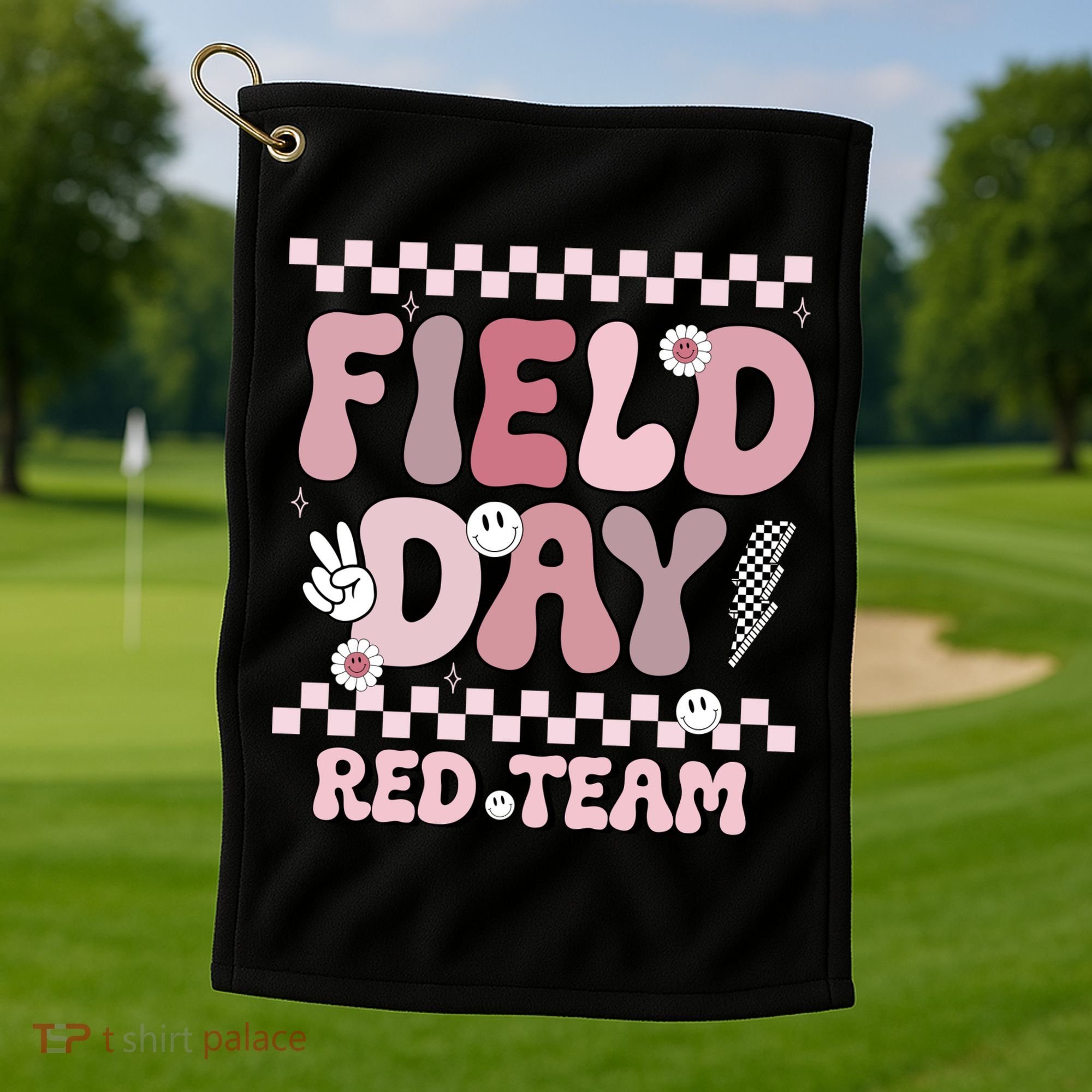 Field Day Red Team Groovy Smile Face Checkered Students Golf Towel