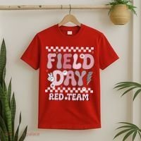 Field Day Red Team Groovy Smile Face Checkered Students T-Shirt thumb 2