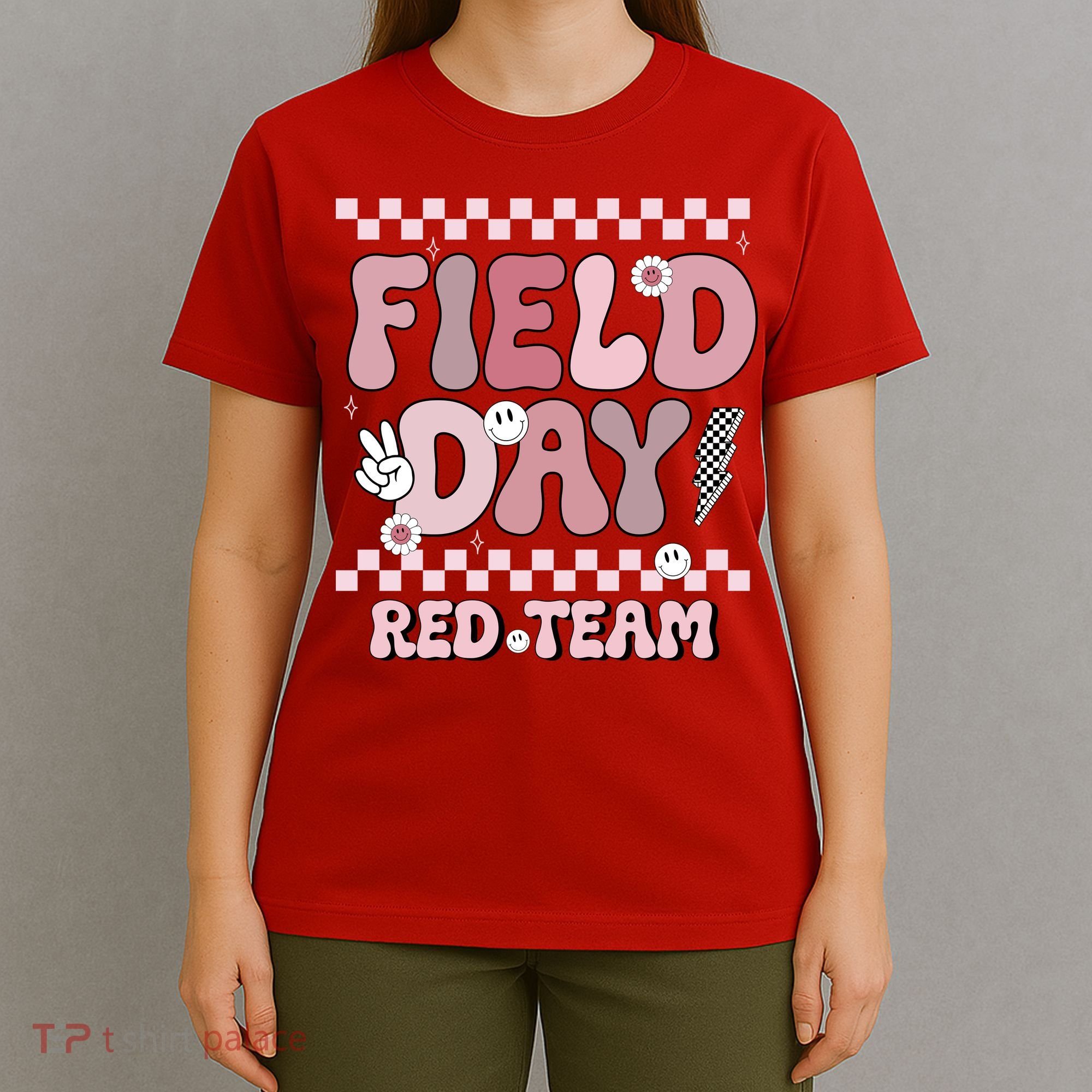 Field Day Red Team Groovy Smile Face Checkered Students T-Shirt