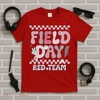 Field Day Red Team Groovy Smile Face Checkered Students T-Shirt thumb 5